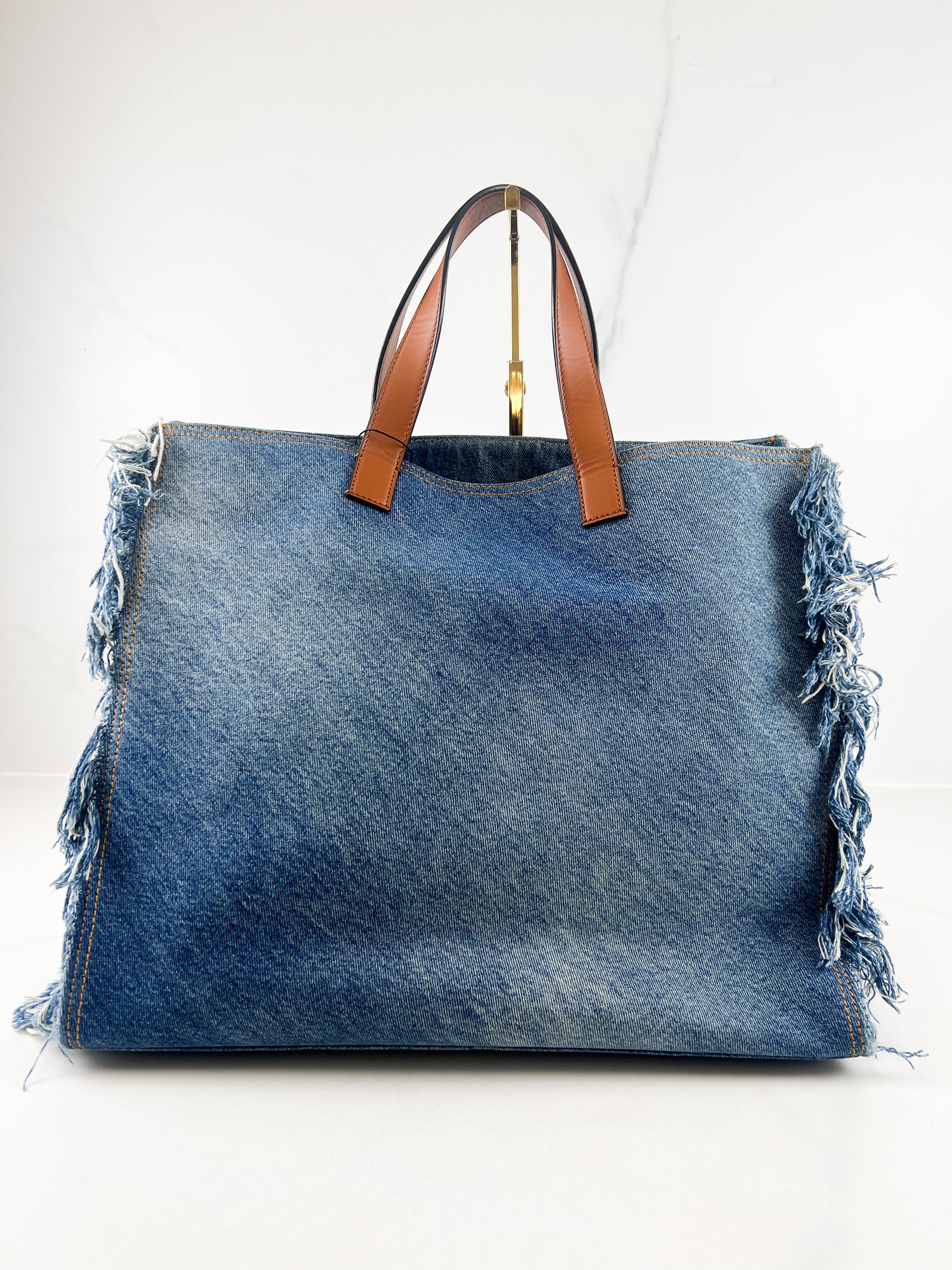 Fendi Blue Denim Fringe Medium Sunshine Tote Bag