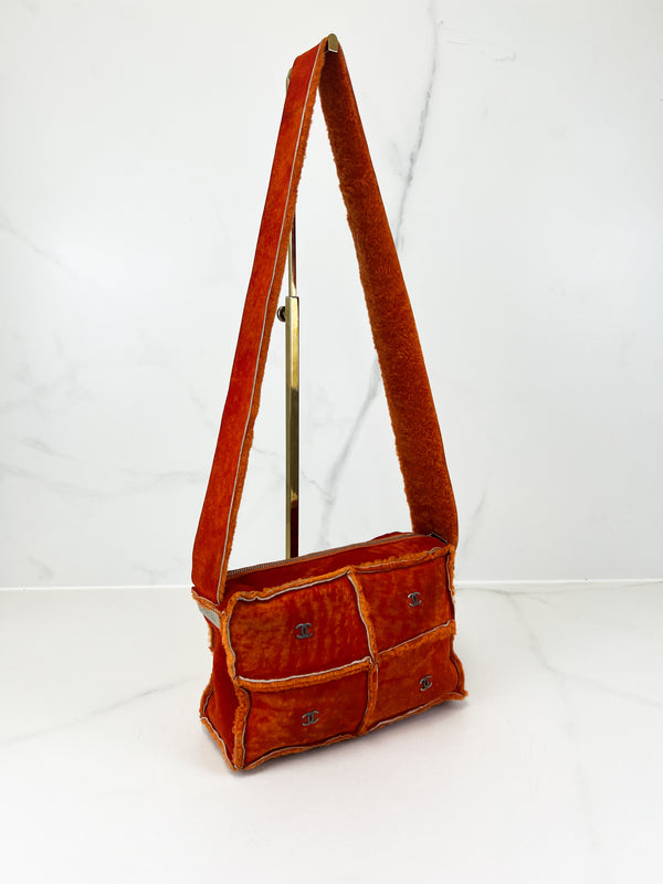 Chanel Vintage Orange Sheepskin Suede Logos Shoulder Bag
