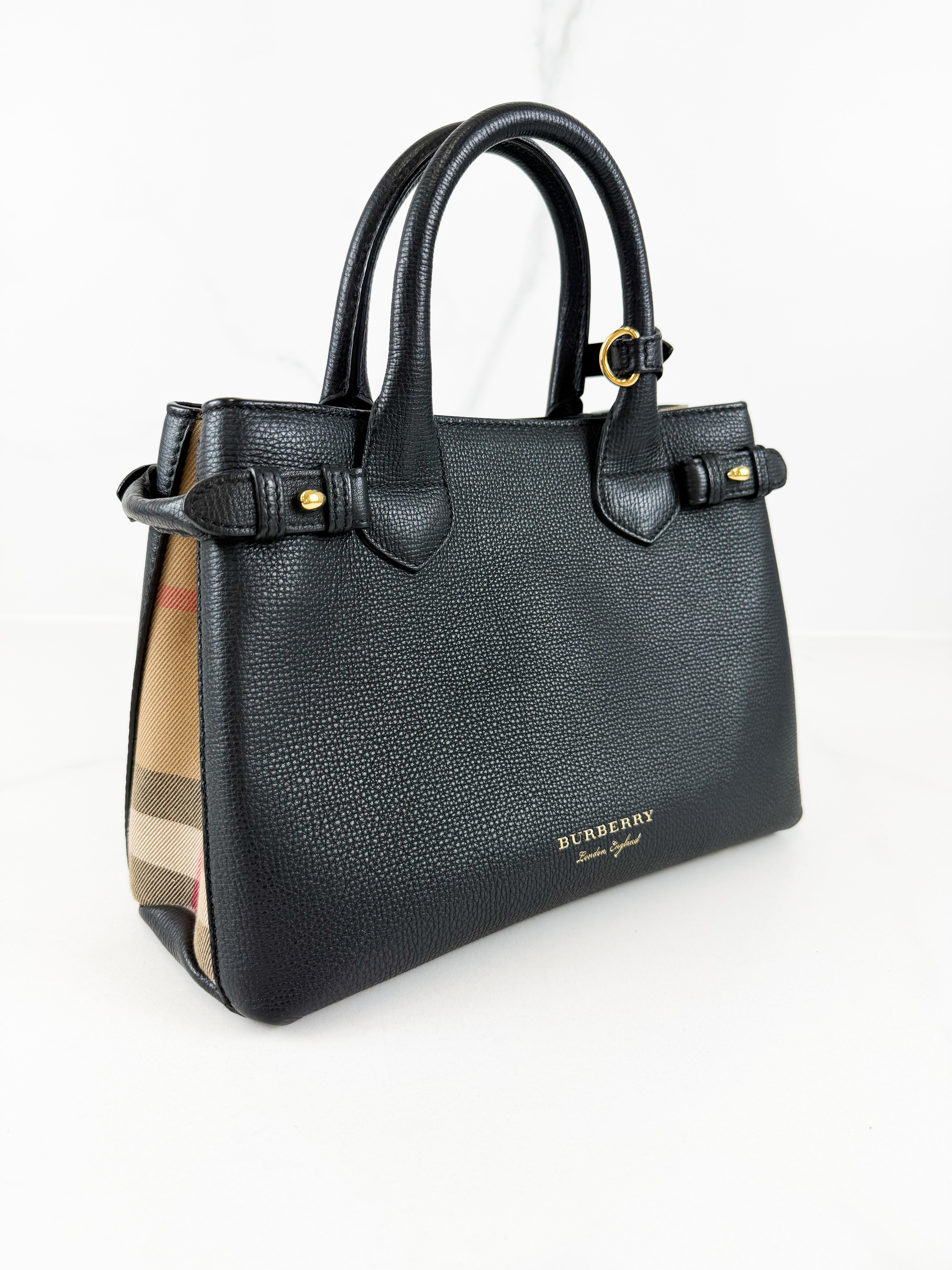 Burberry Pebbled Leather Banner Tote in Black Leather