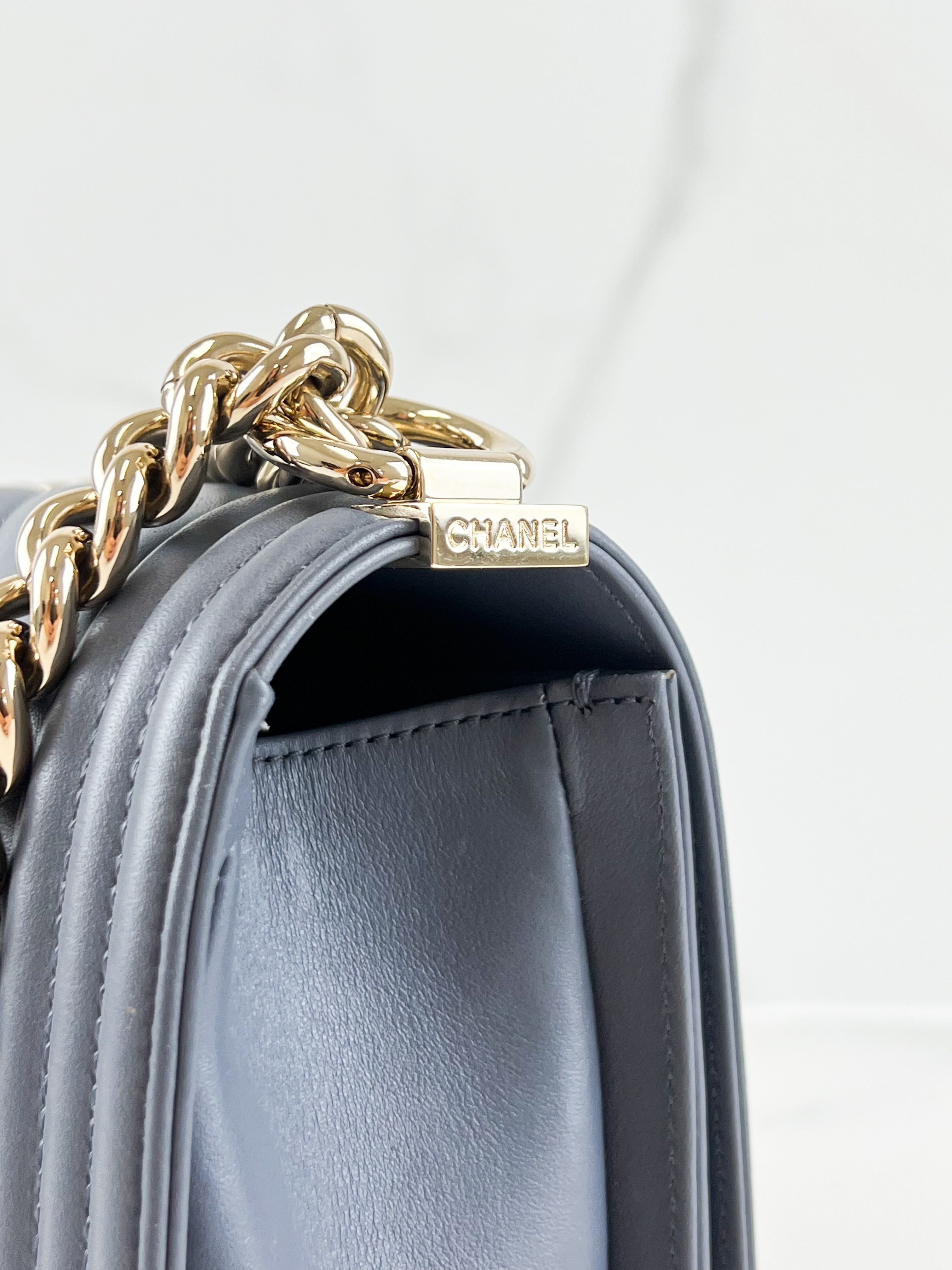 Chanel Charcoal Grey Old Medium Chevron Lambskin Boy Bag with Light Champagne GHW