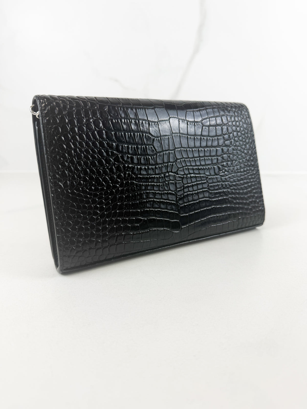 Saint Laurent Black Kate Chain Bag in Embossed Croc Leather