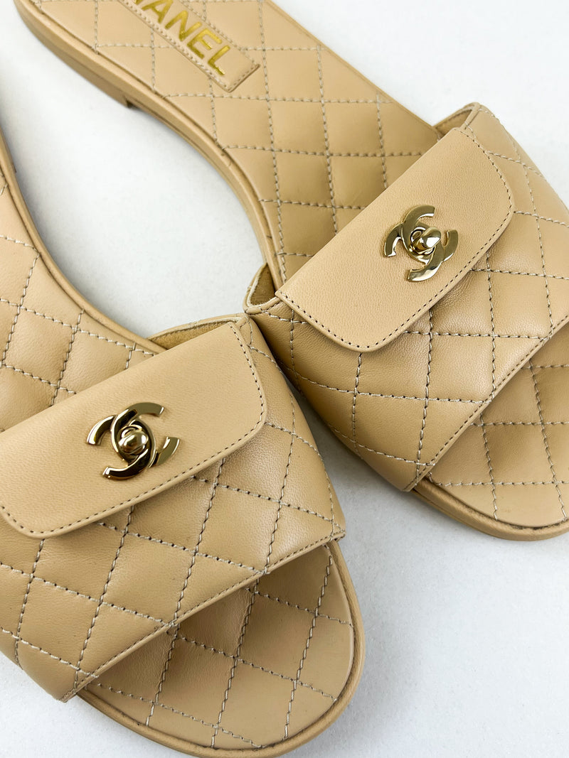 Chanel Beige Quilted Leather Slides Size 41