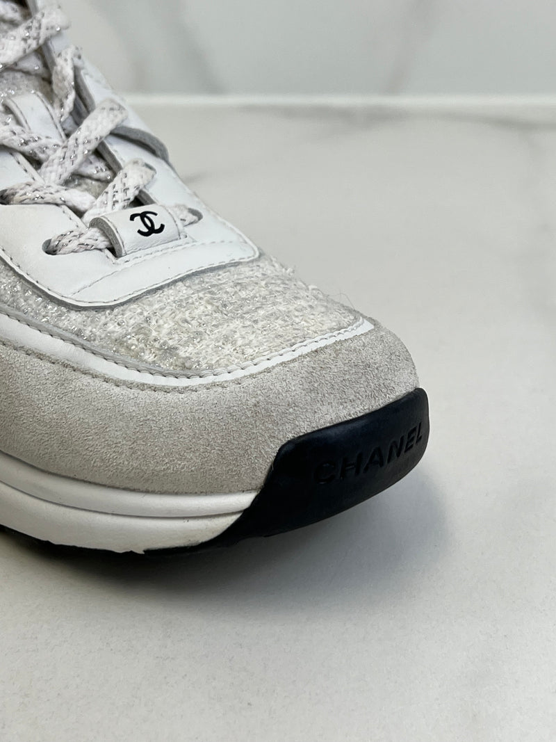 Chanel CC Tweed White/Silver Iridescent Sneaker Size 40