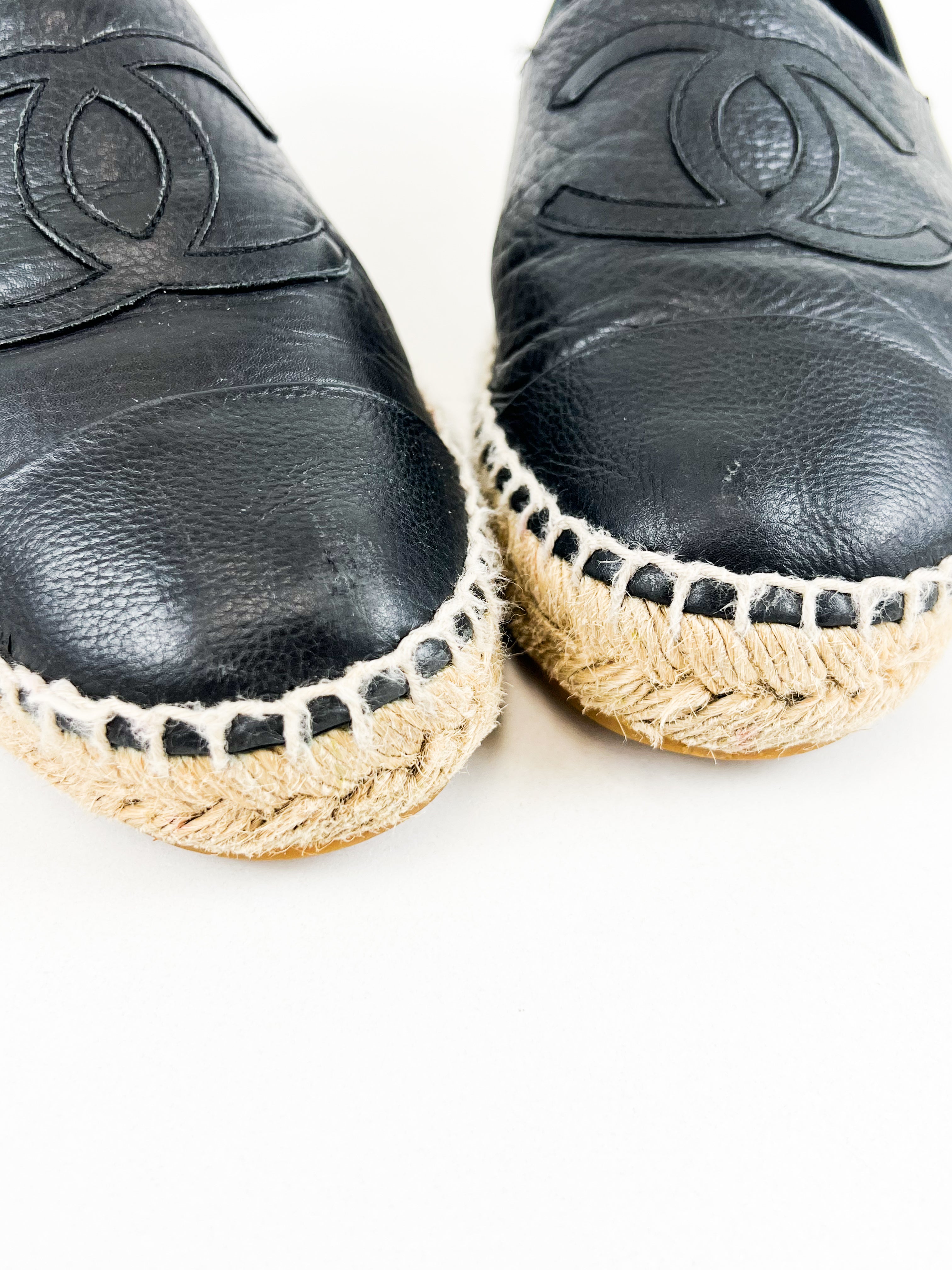 Chanel Black CC Leather Espadrille Size 38