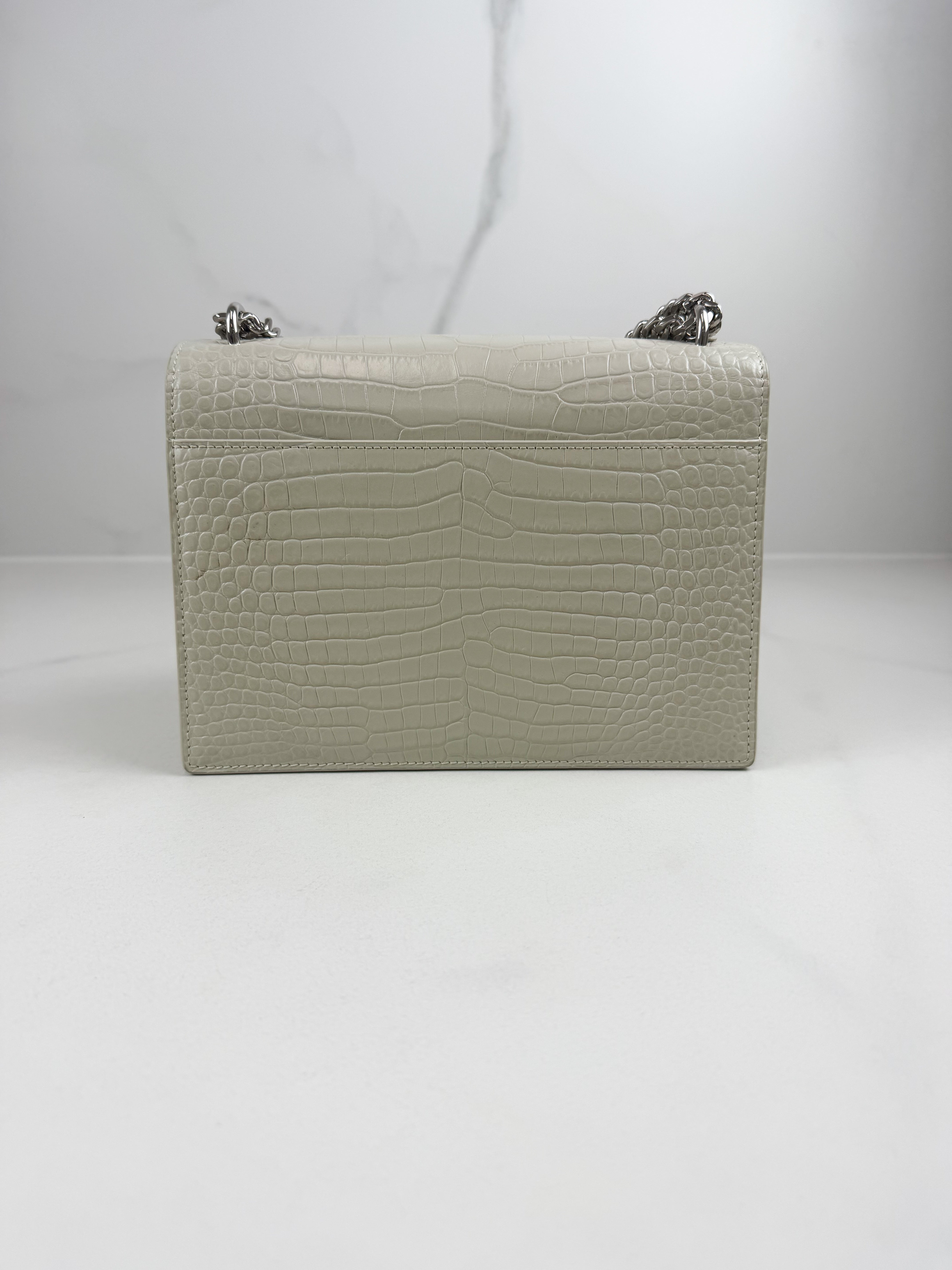 Saint Laurent Sunset Medium In Croc-embossed leather Blanc Vintage