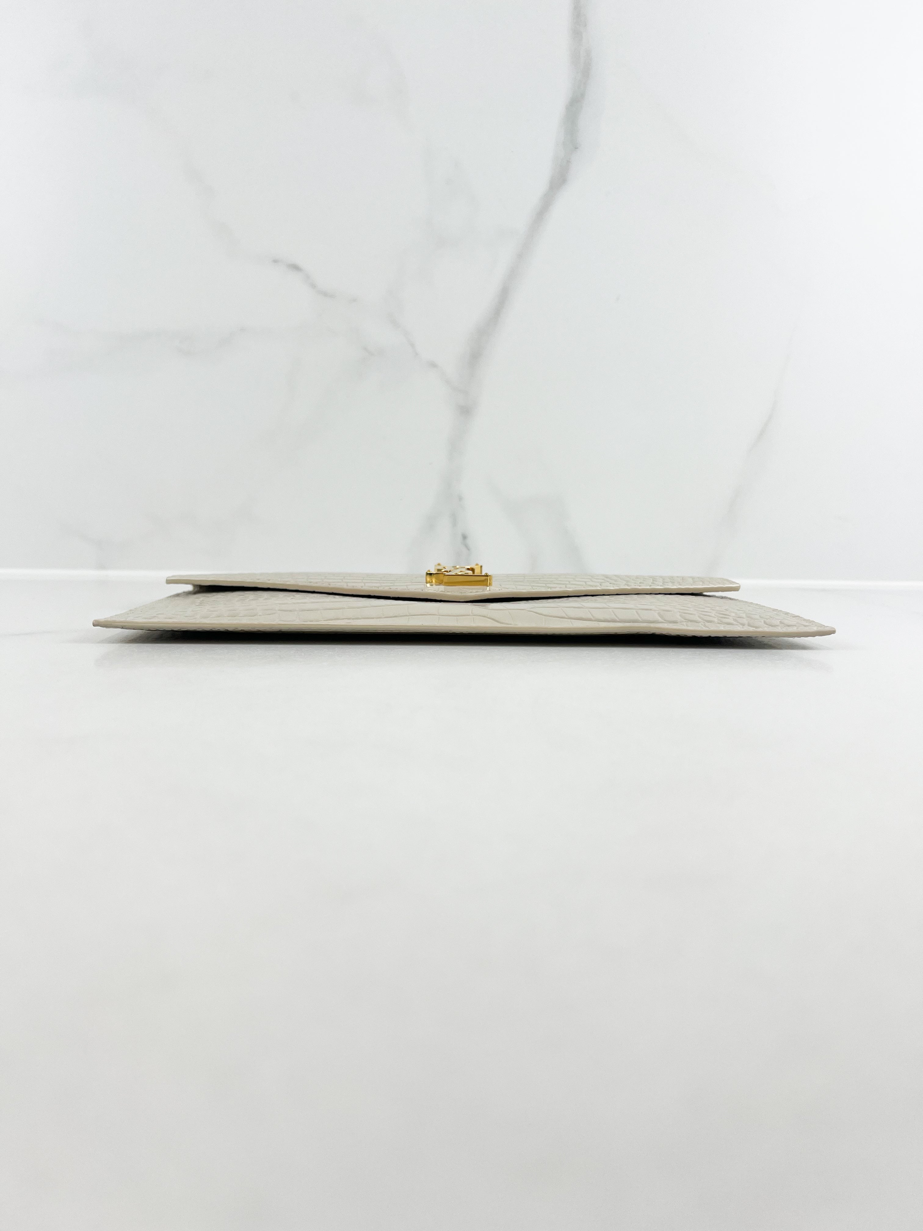 Saint Laurent Beige Uptown Pouch in Crema Soft Croc-Effect Leather