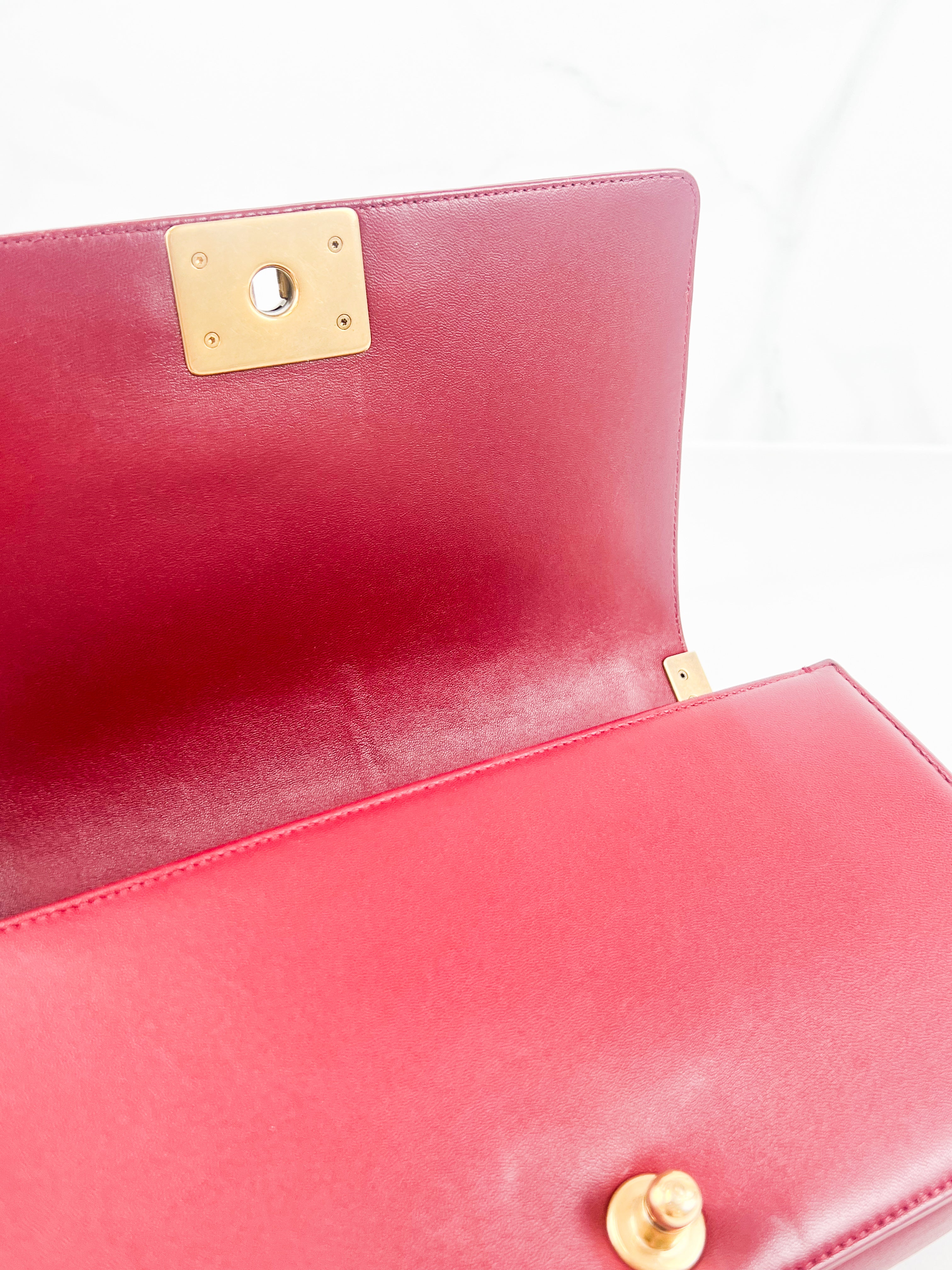 Chanel Old Medium Boy Bag in Red Quilted Calfskin with Gold Hardware