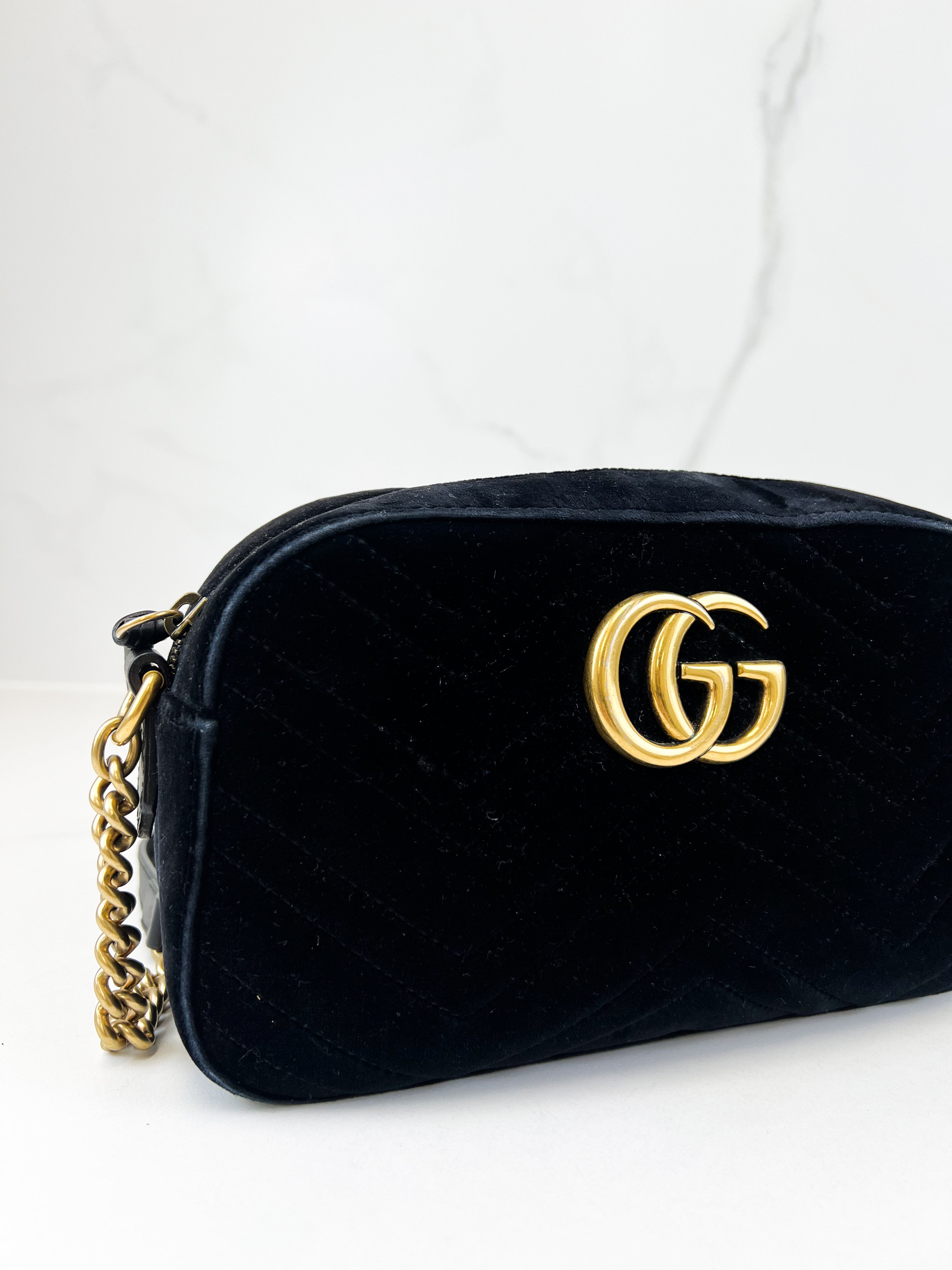 Gucci Small Velvet GG Marmont Matelasse Bag in Black