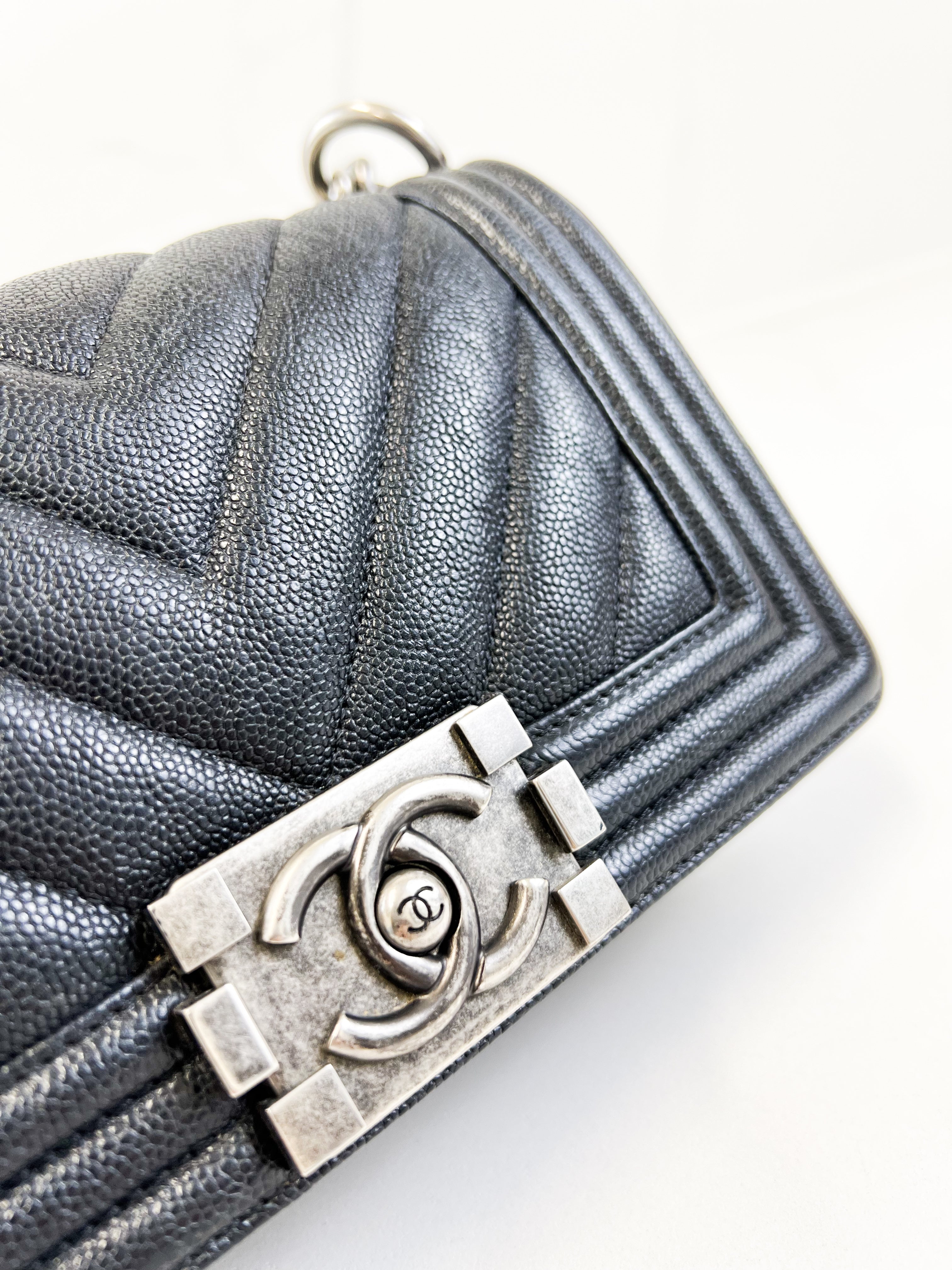 Chanel Caviar Small Chevron Boy Bag with Ruthenium Hardware