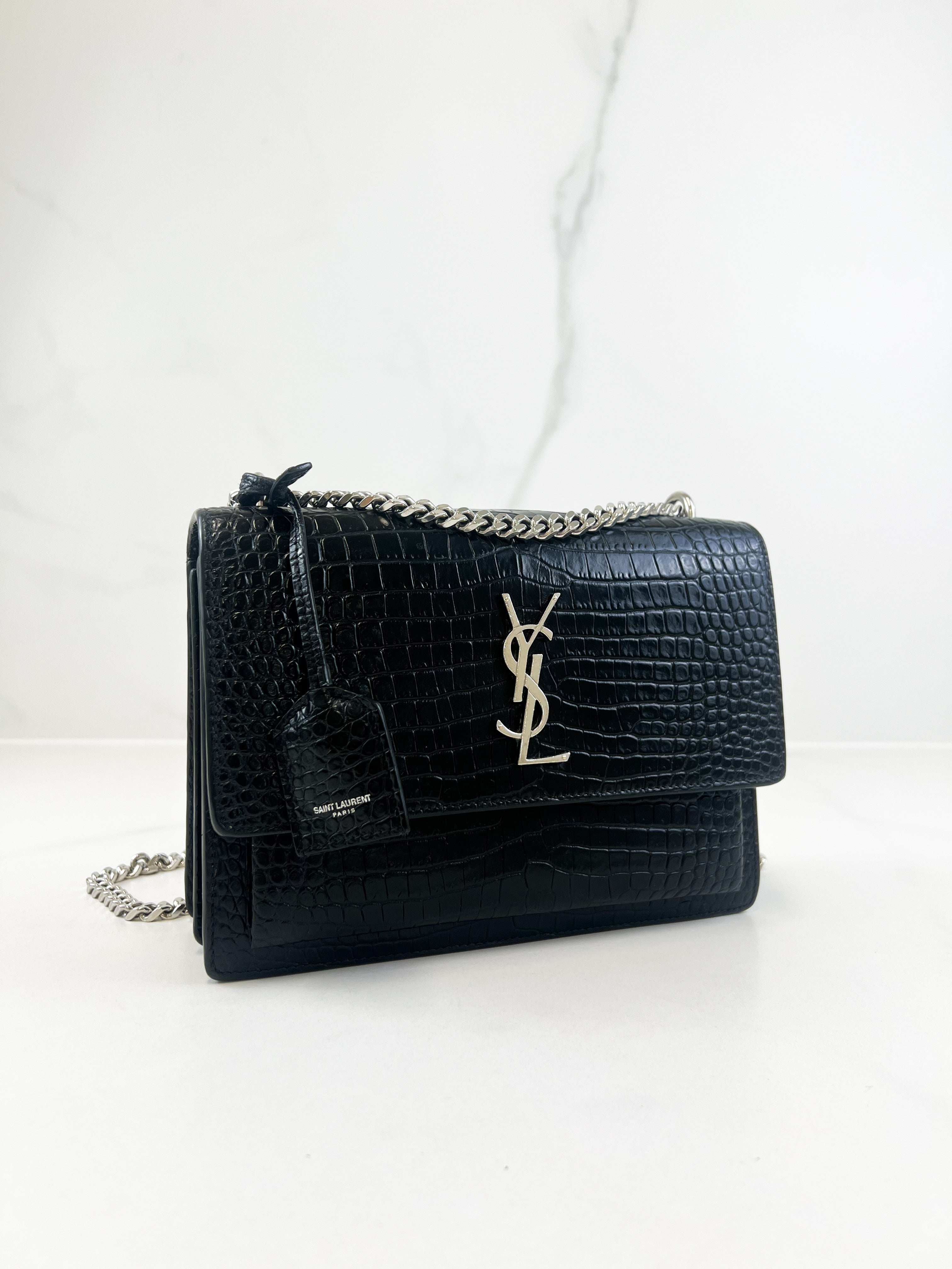 Saint Laurent Sunset Medium Black Croc Shoulder Bag with SHW