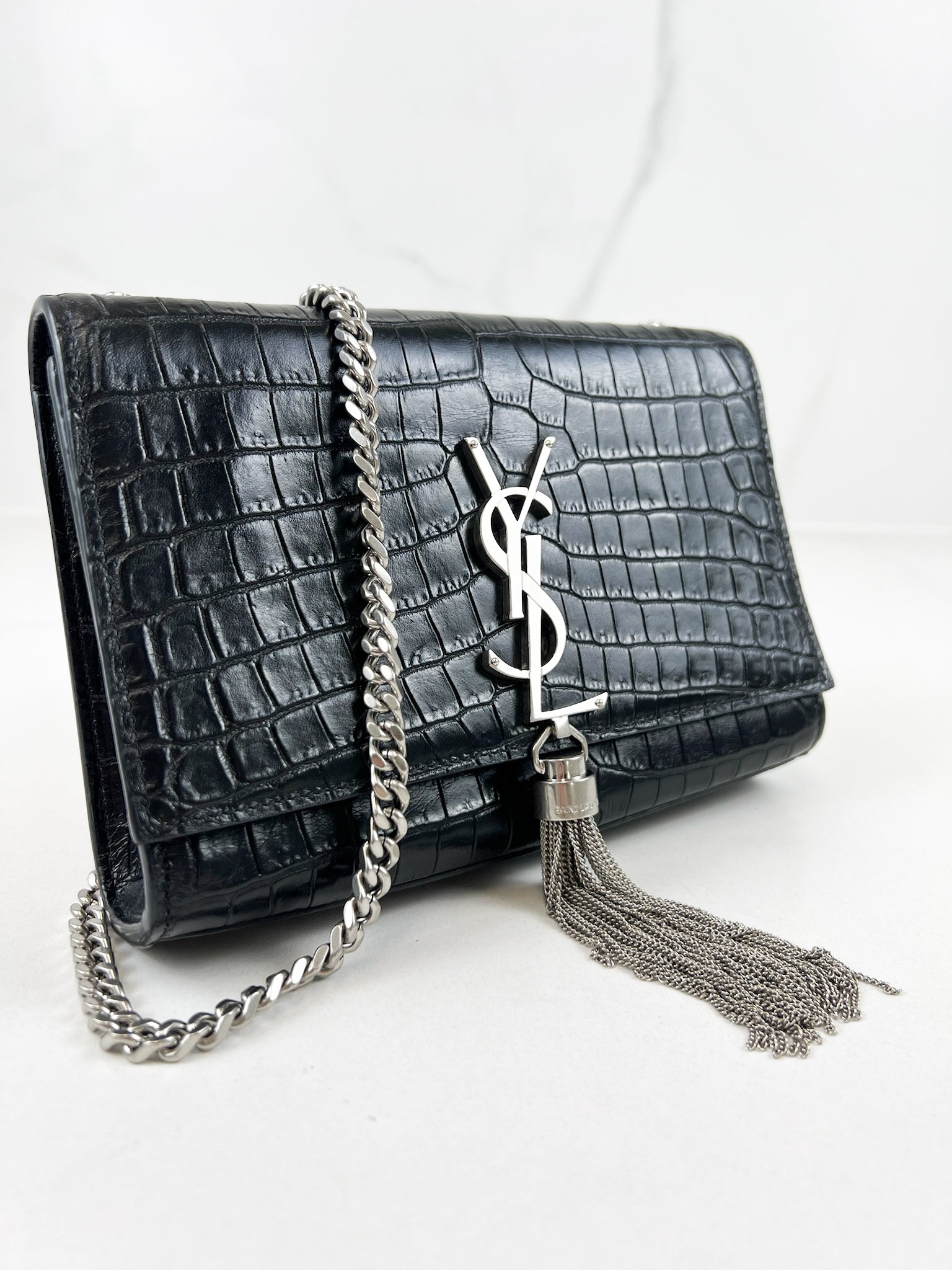 Saint Laurent Small Kate with Tassel Croc Embossed Shiny Leather SHW