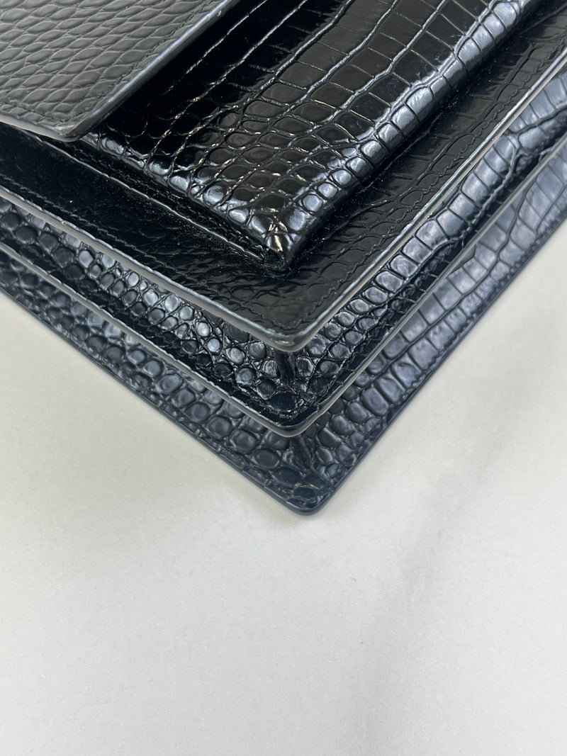 Saint Laurent Sunset Medium Black Croc Shoulder Bag with SHW