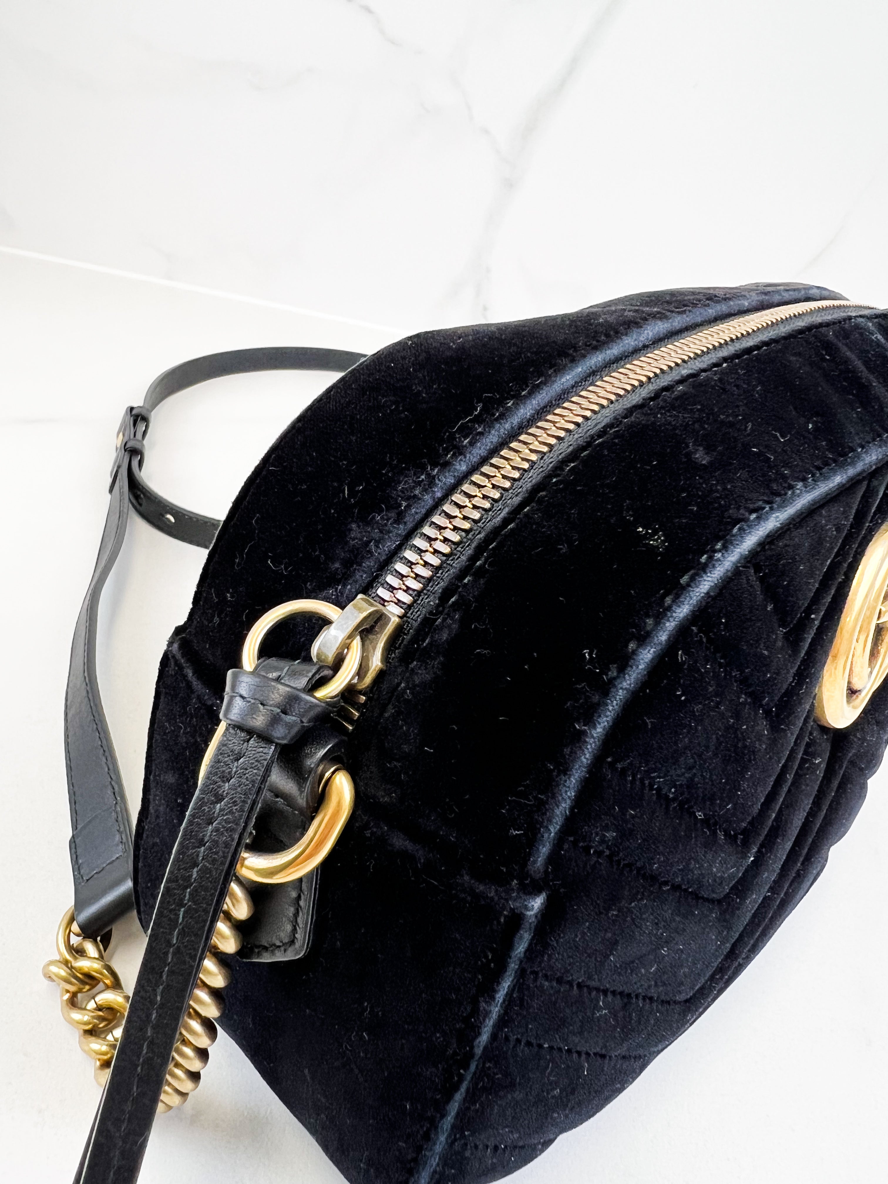 Gucci Small Velvet GG Marmont Matelasse Bag in Black