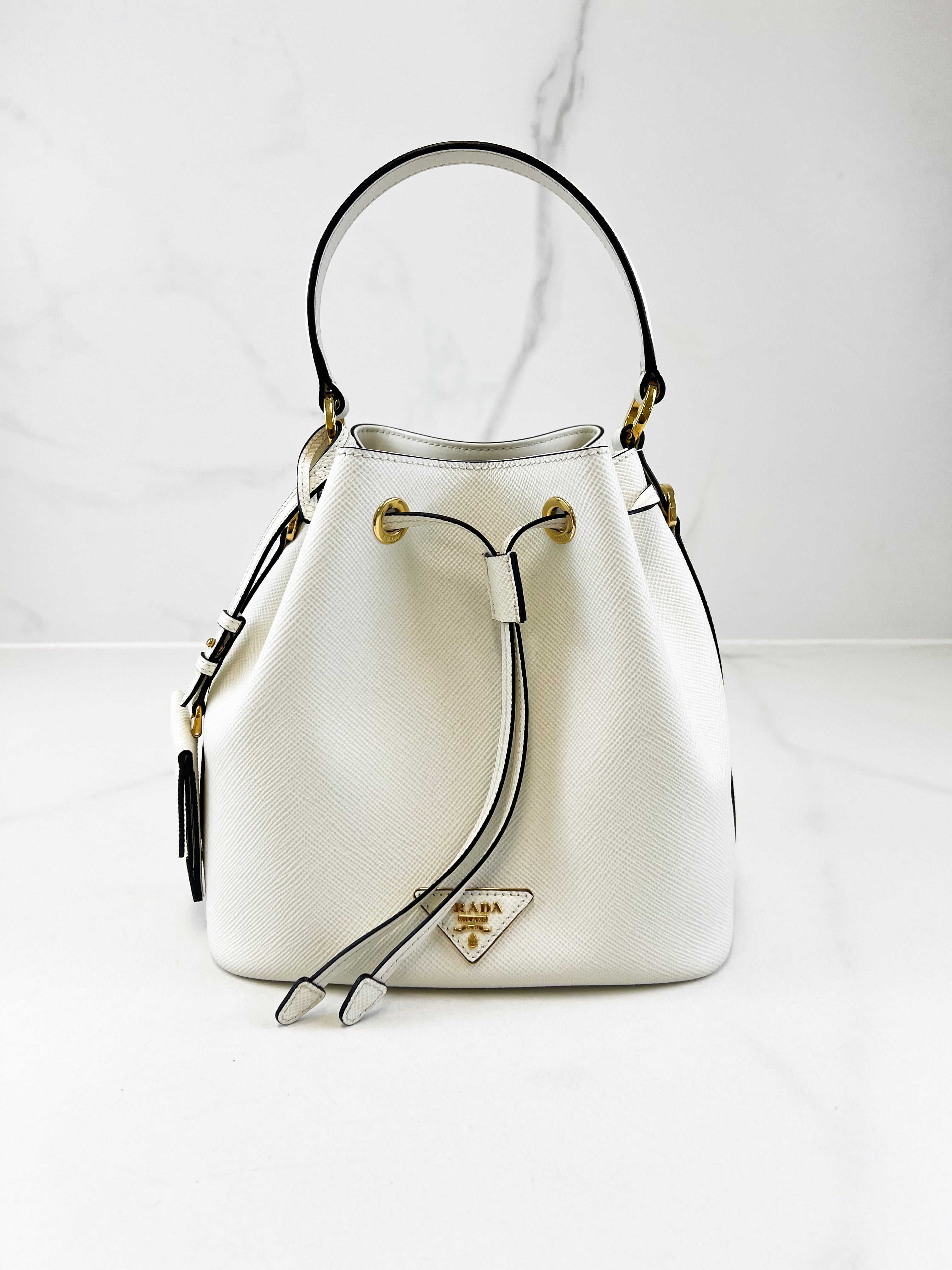 Prada Saffiano Top Handle Bucket Bag in White