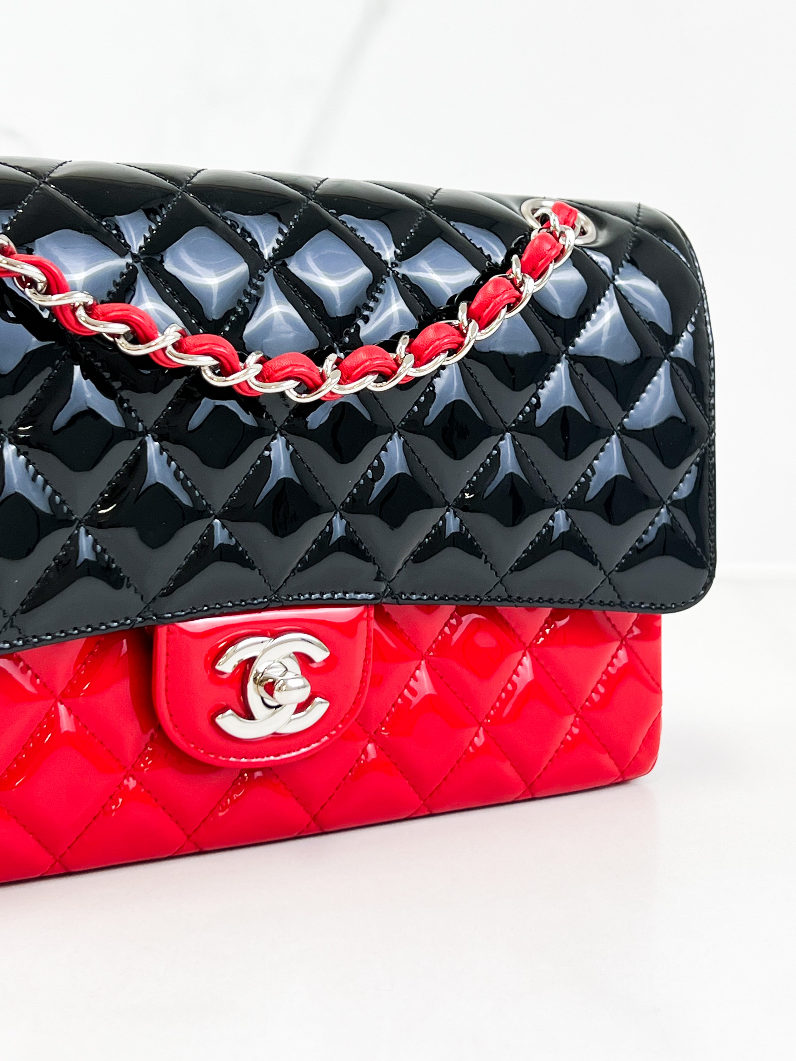 Chanel CC Medium Patent Black & Red Classic Double Flap Shoulder Bag