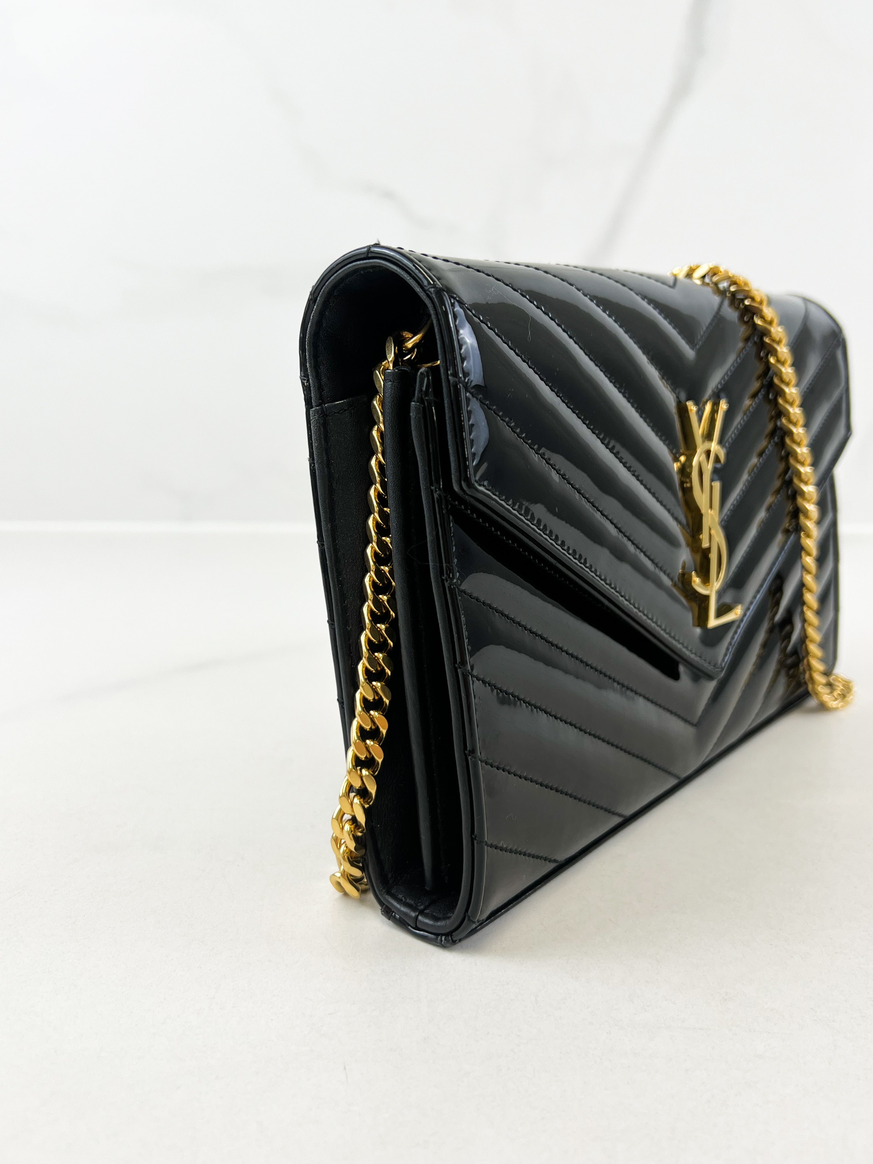 Saint Laurent Patent Black Cassandre Chain WOC with GHW