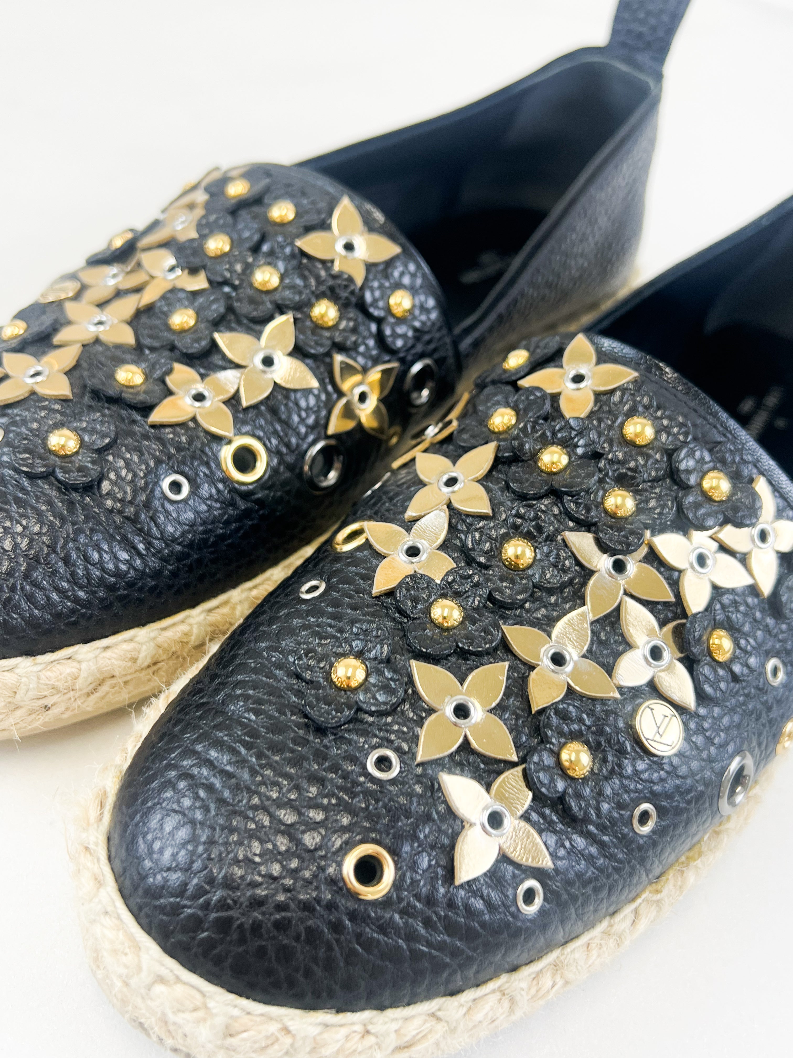Louis Vuitton Black Leather Tropical Bloom Espadrille Size 38.5