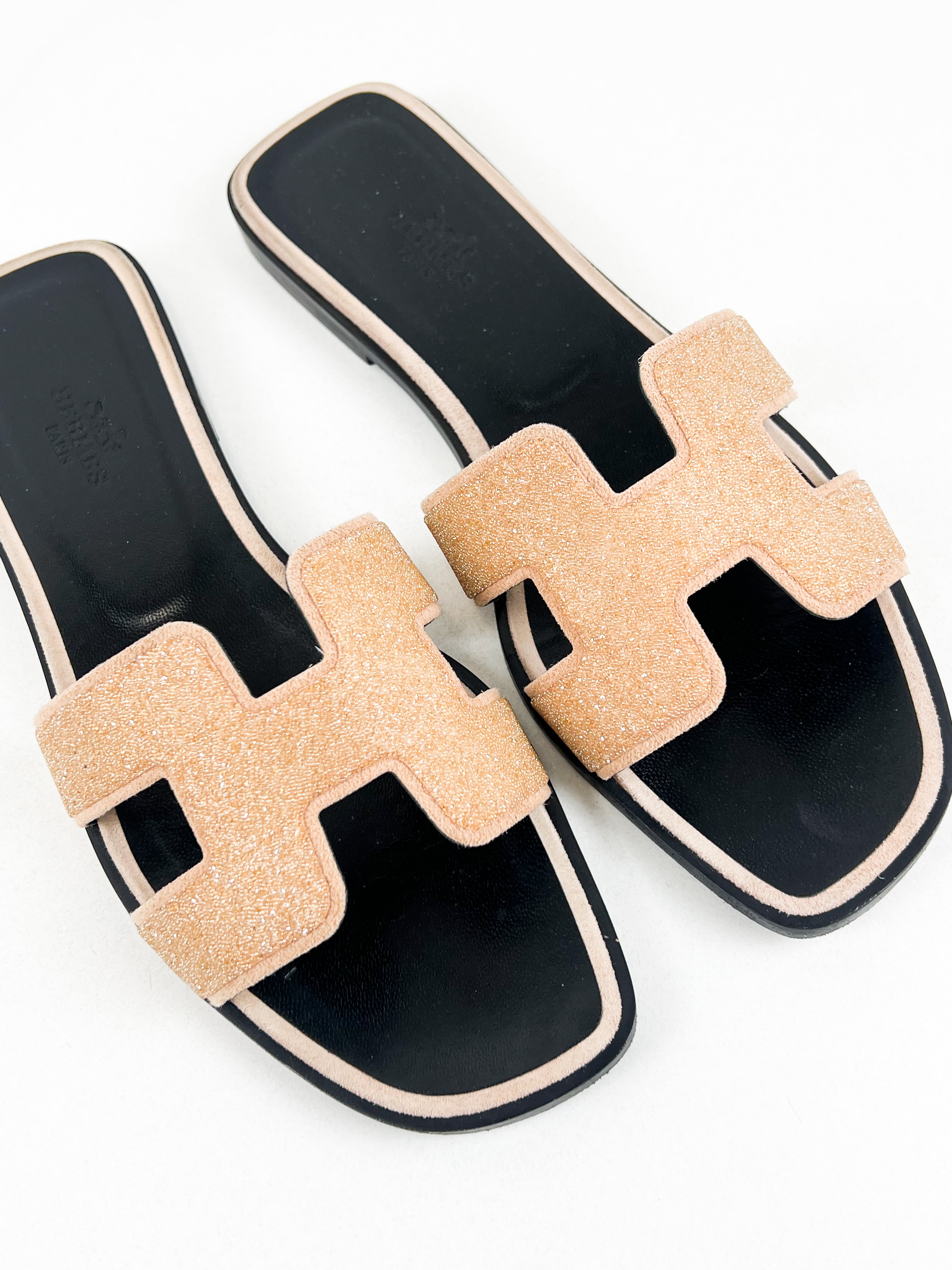 Hermes Oran Sandal in Beige Glitter Size 38