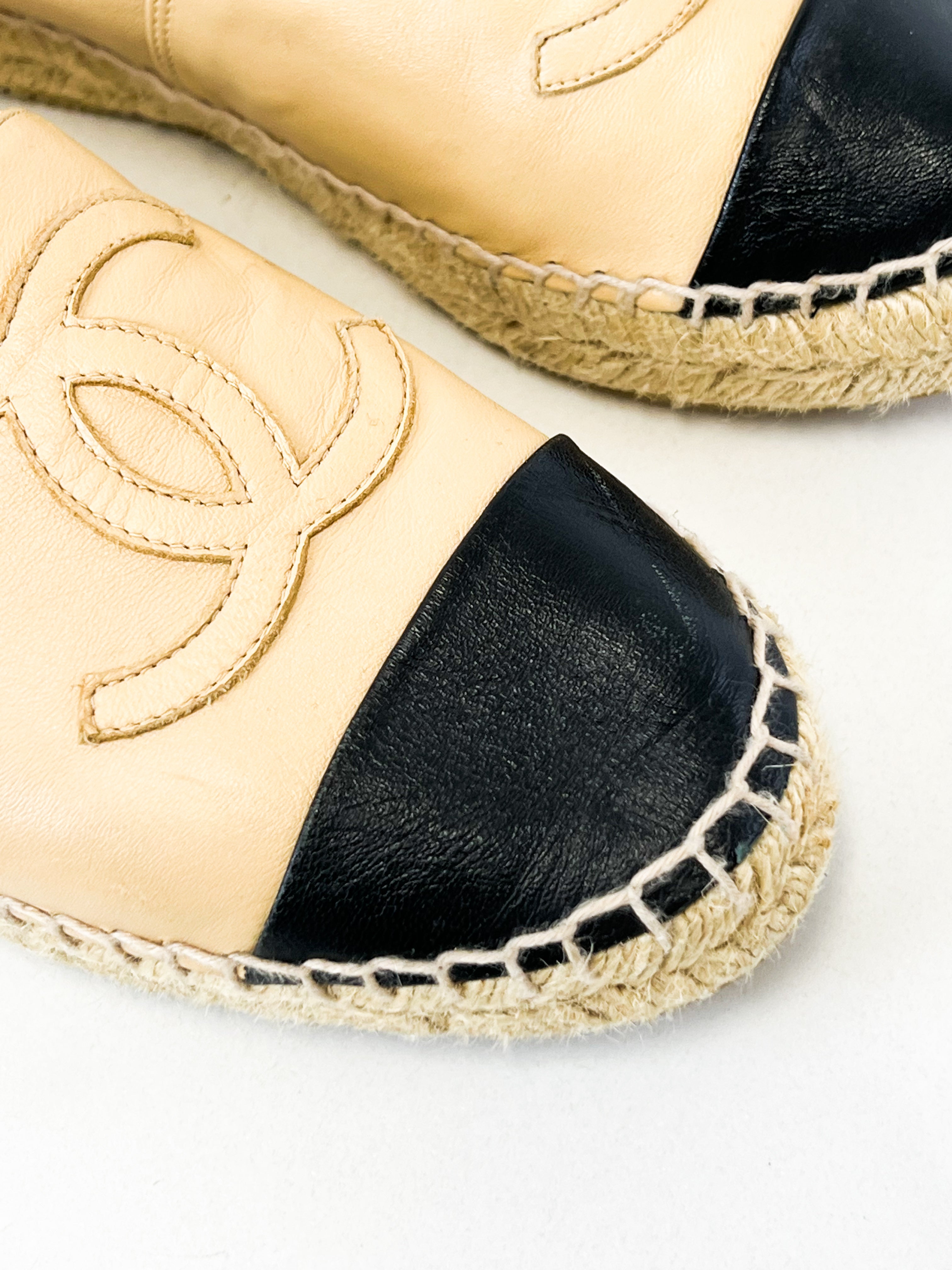 Chanel CC Logo Black & Beige Leather Espadrilles Size 38