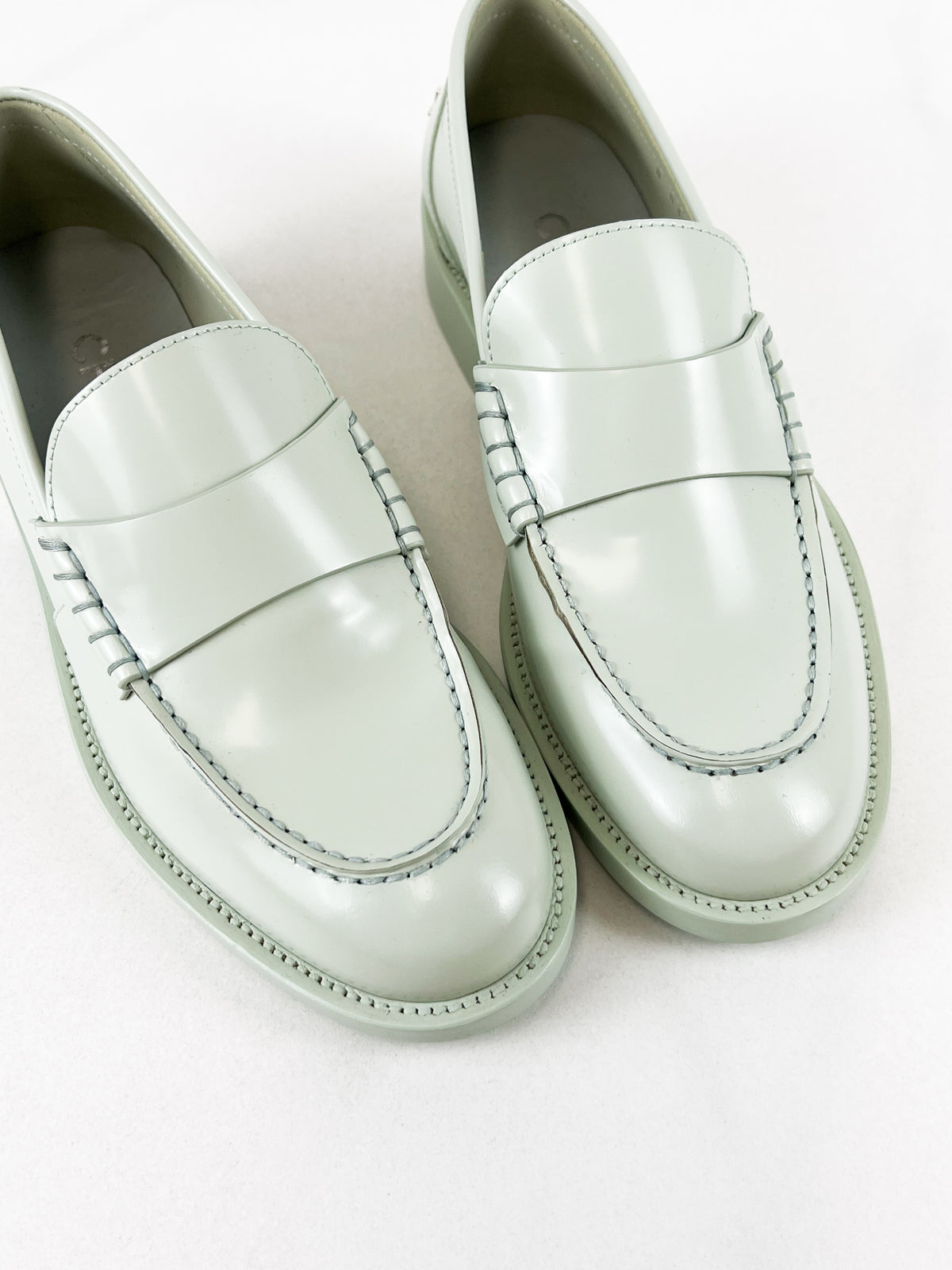 Chanel Patent Calf Skin Pale Green Logo Loafer Size 37.5C