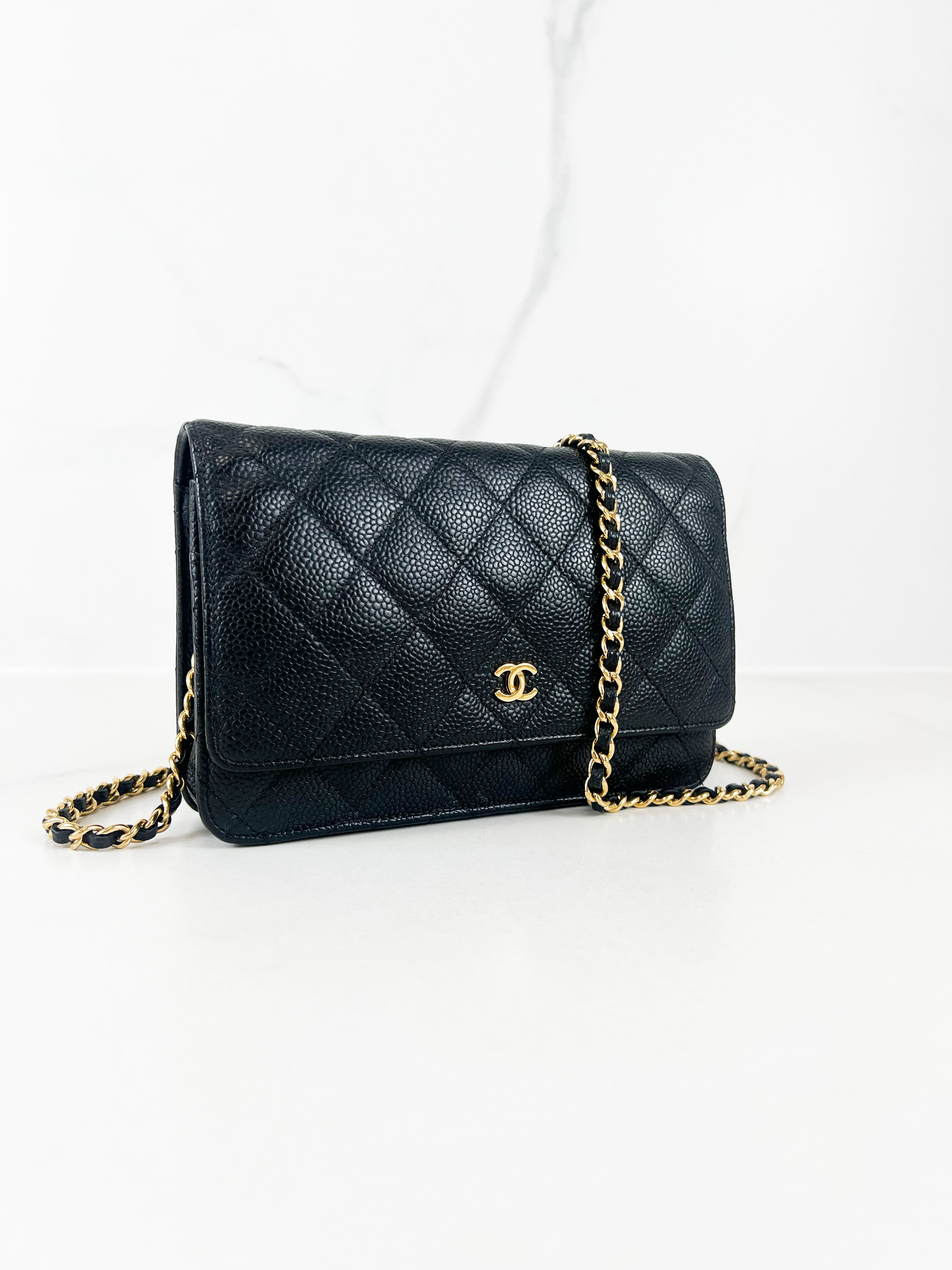 Chanel Black Caviar CC Classic Wallet On Chain GHW