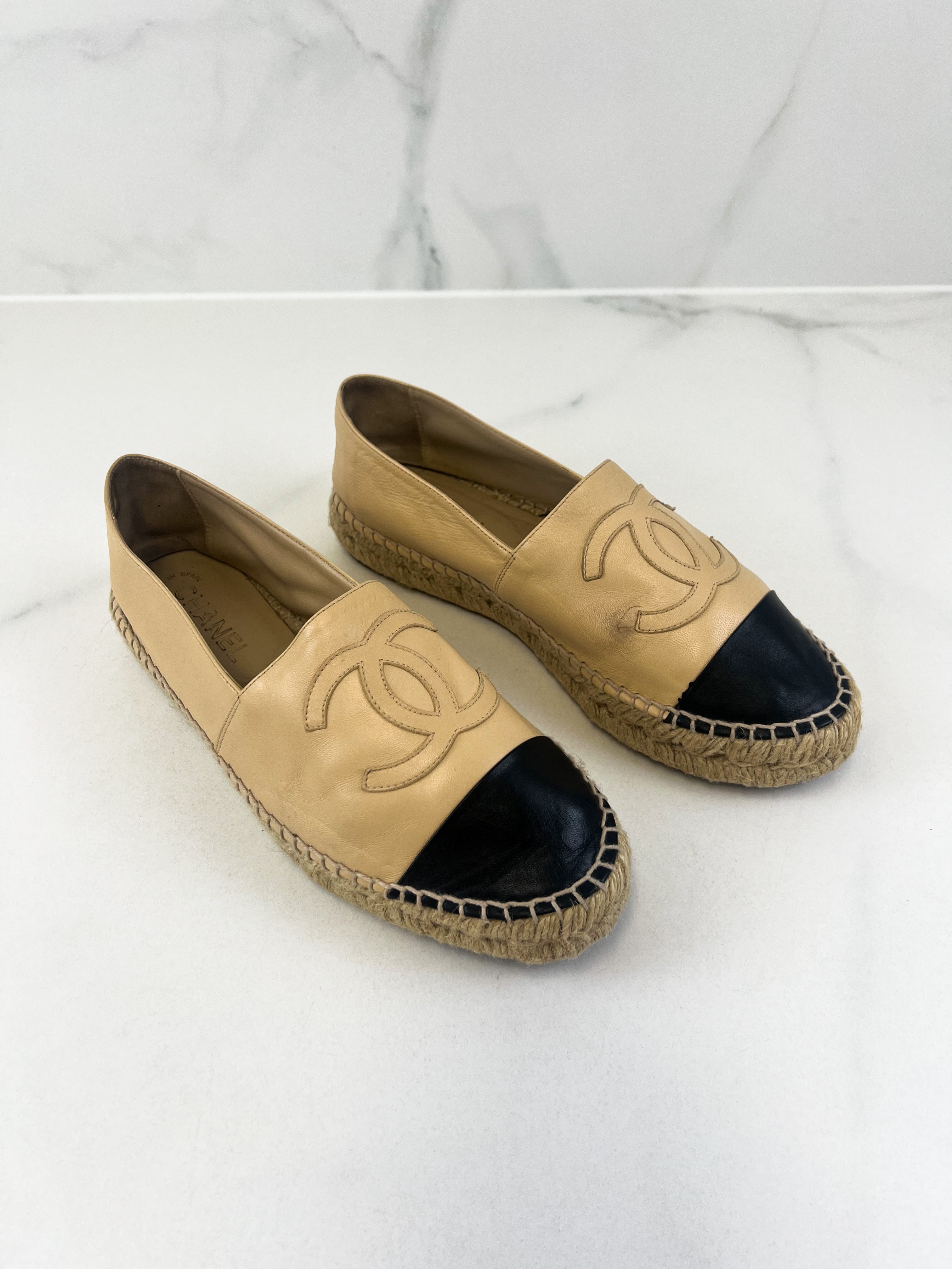 Chanel CC Logo Black & Beige Leather Espadrilles Size 40