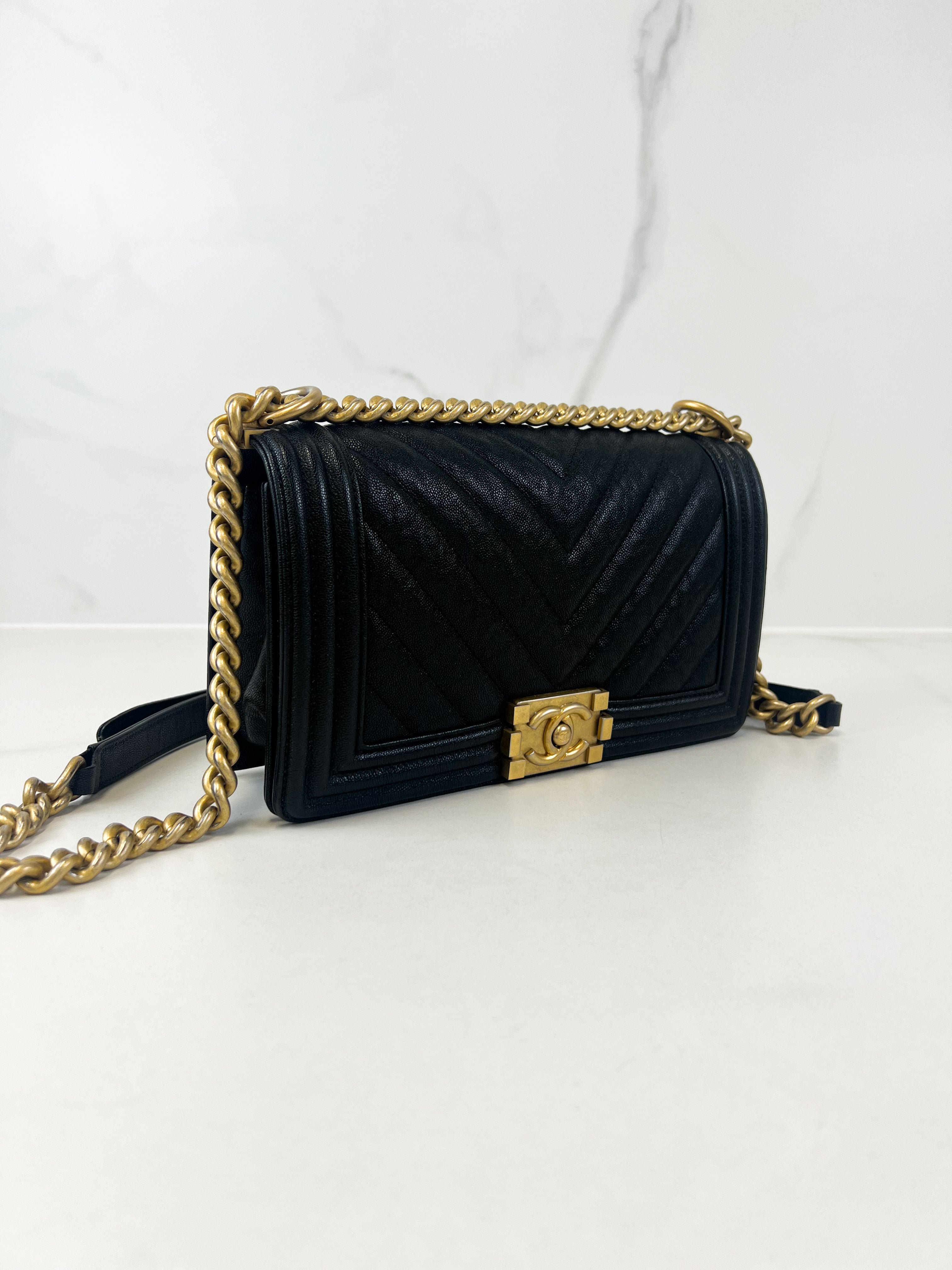 Chanel Black Old Medium Chevron Boy Bag GHW