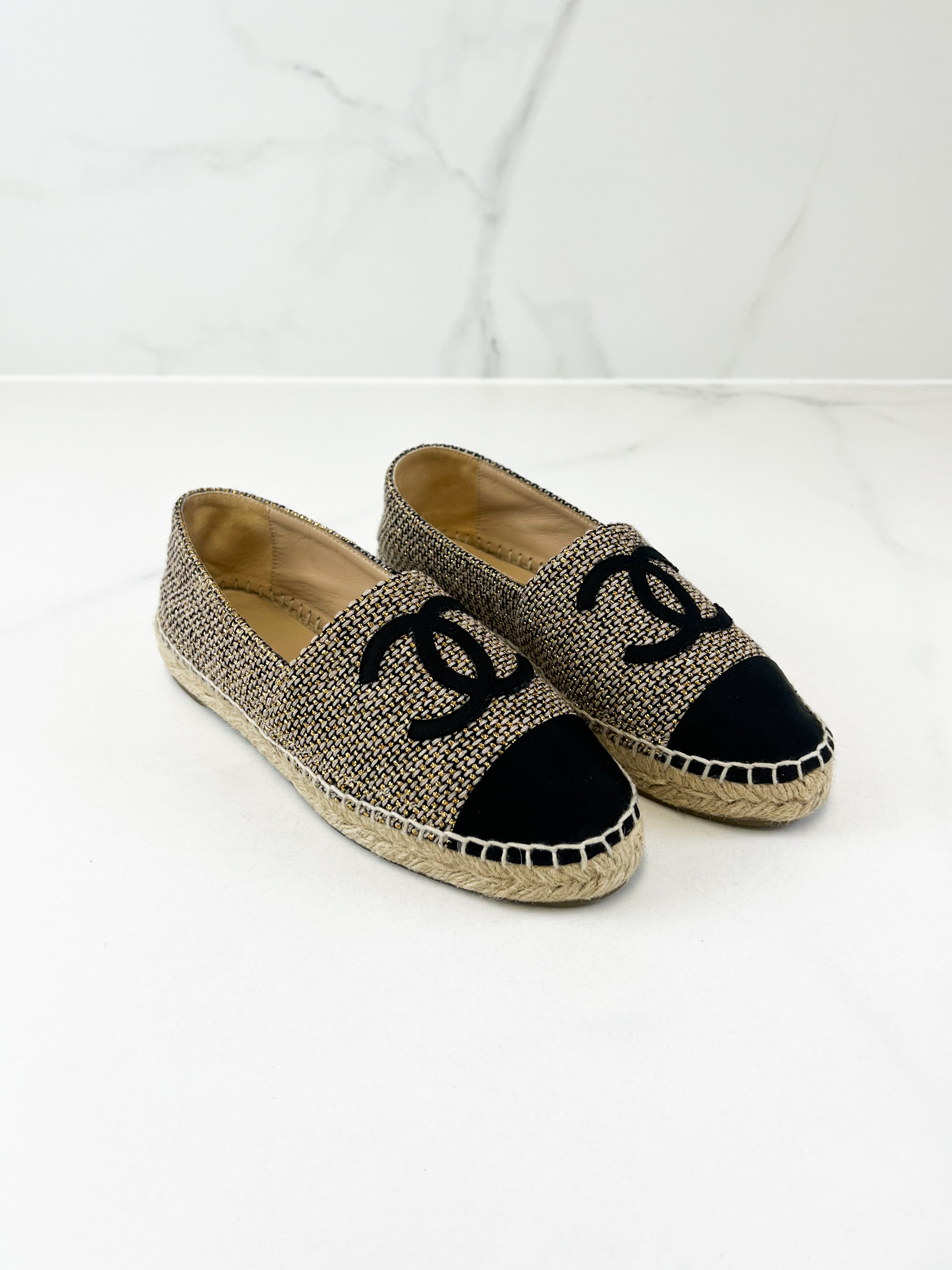 Chanel CC Gold & Black Fabric Espadrille Size 37