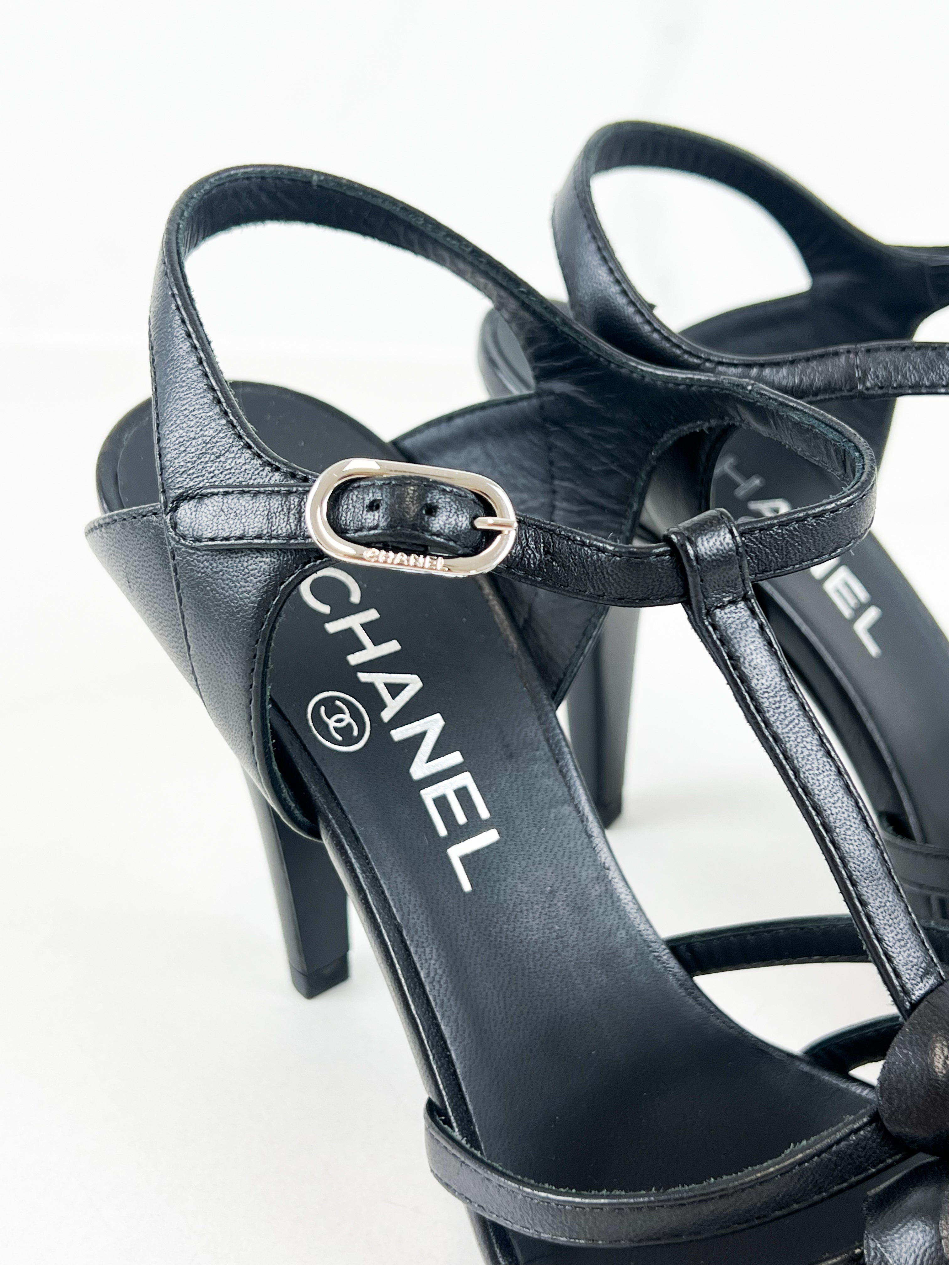 Chanel CC Black Leather Camellia Strappy Sandal