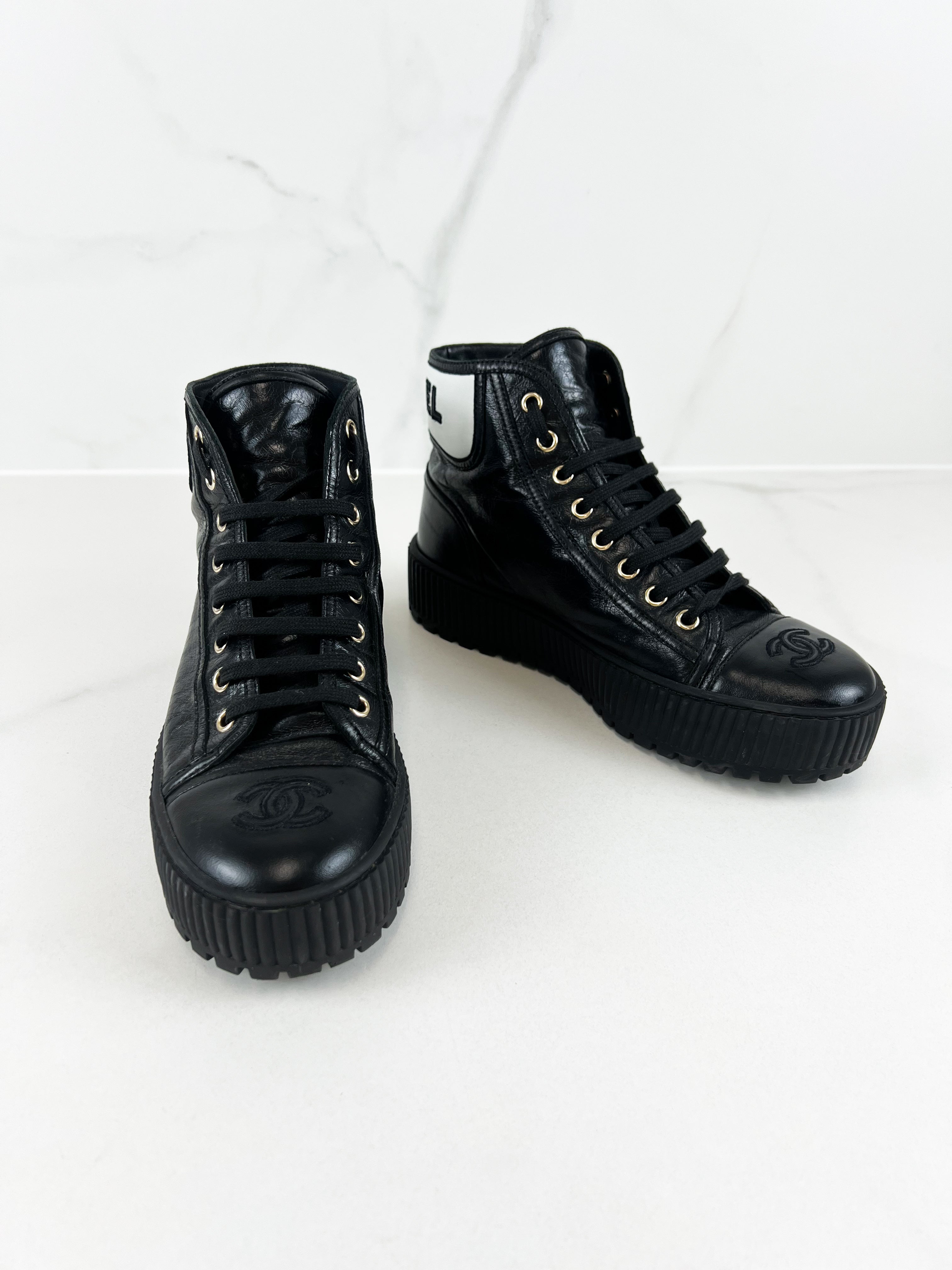 Chanel Black Leather Cap Toe High Top Platform Sneaker Size 37.5C