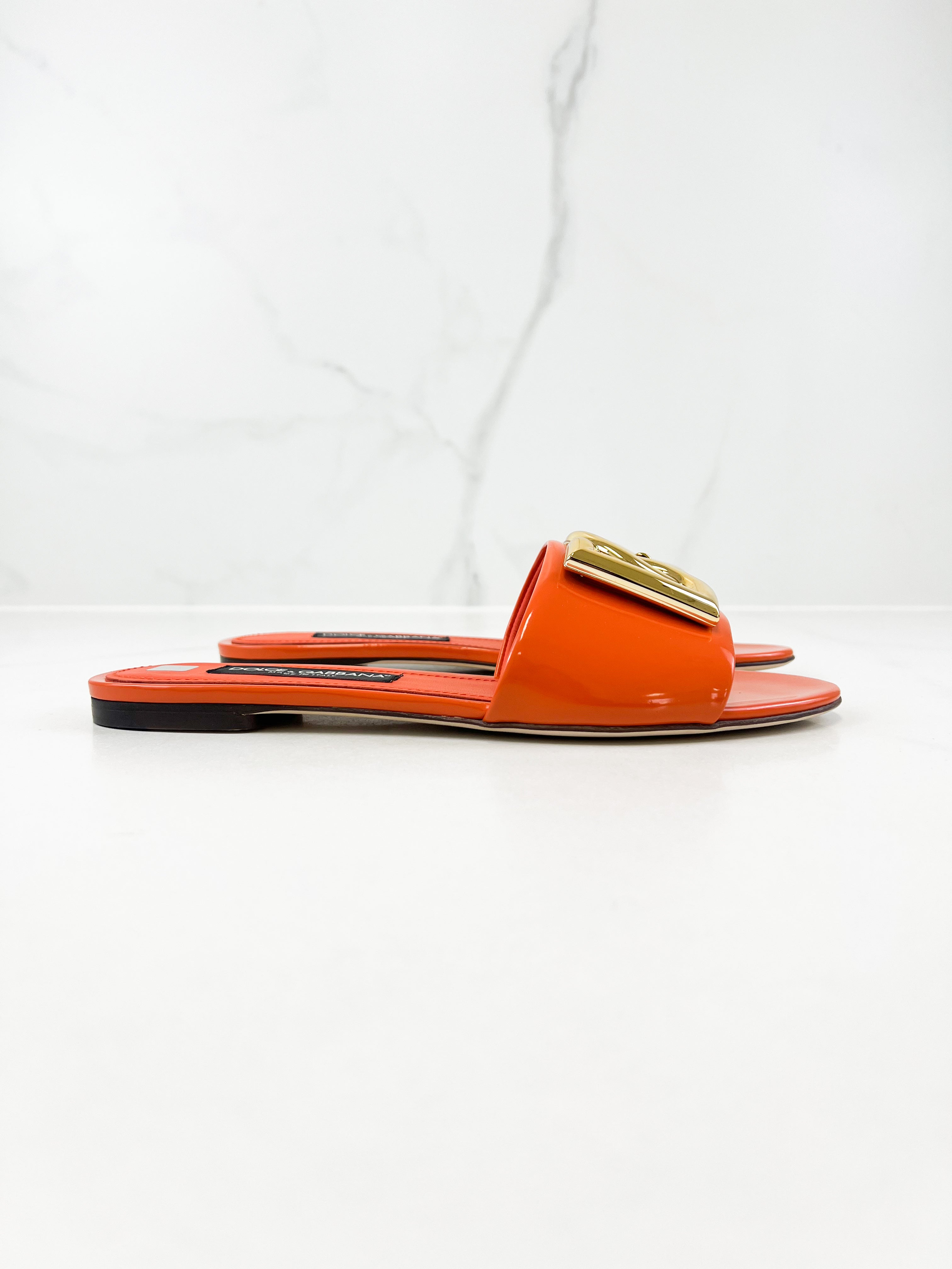 Dolce & Gabbana Orange Patent Leather Logo Slides Size 41