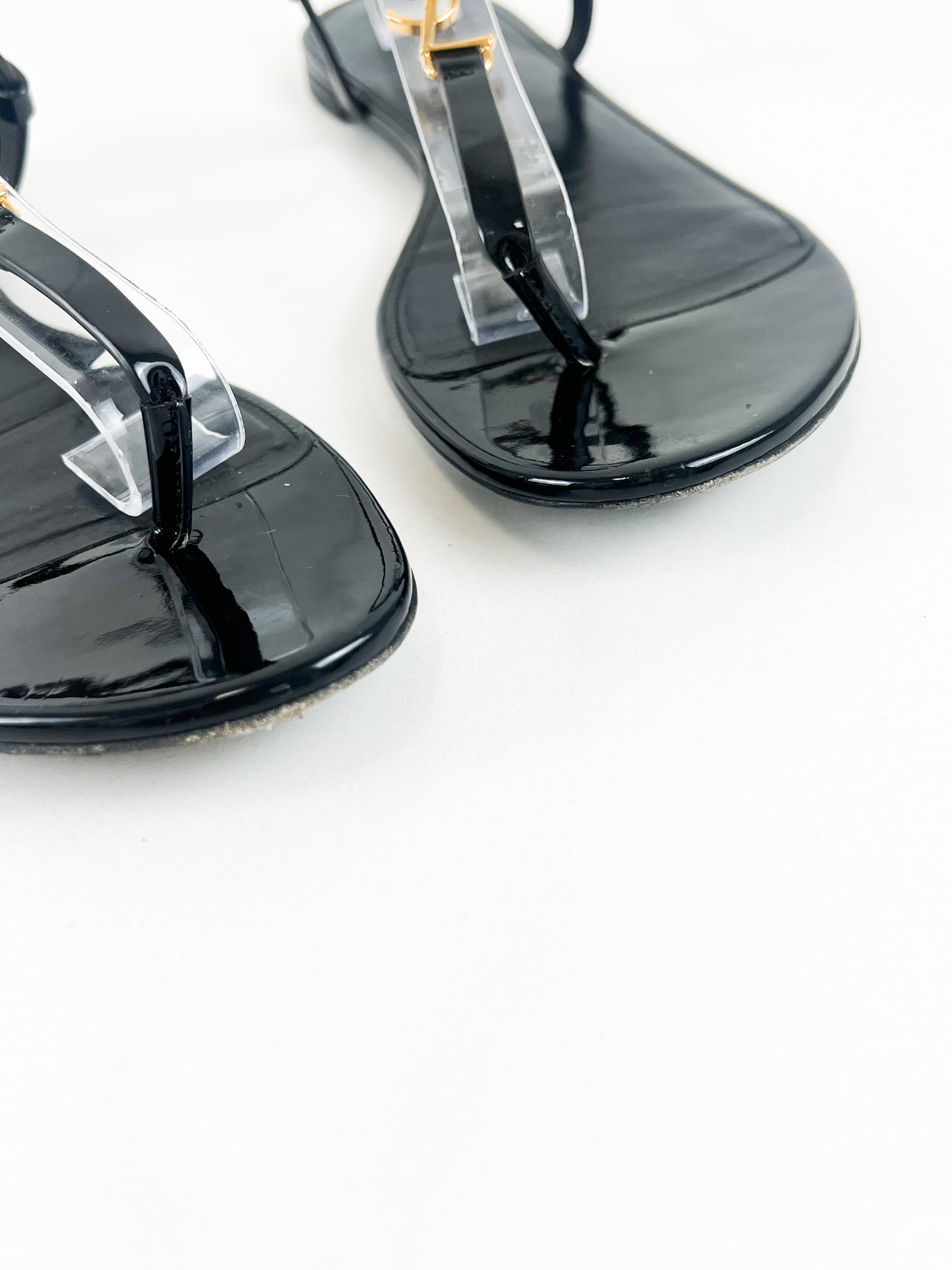 Saint Laurent Cassandra Flat Sandal in Black Patent Leather 38.5
