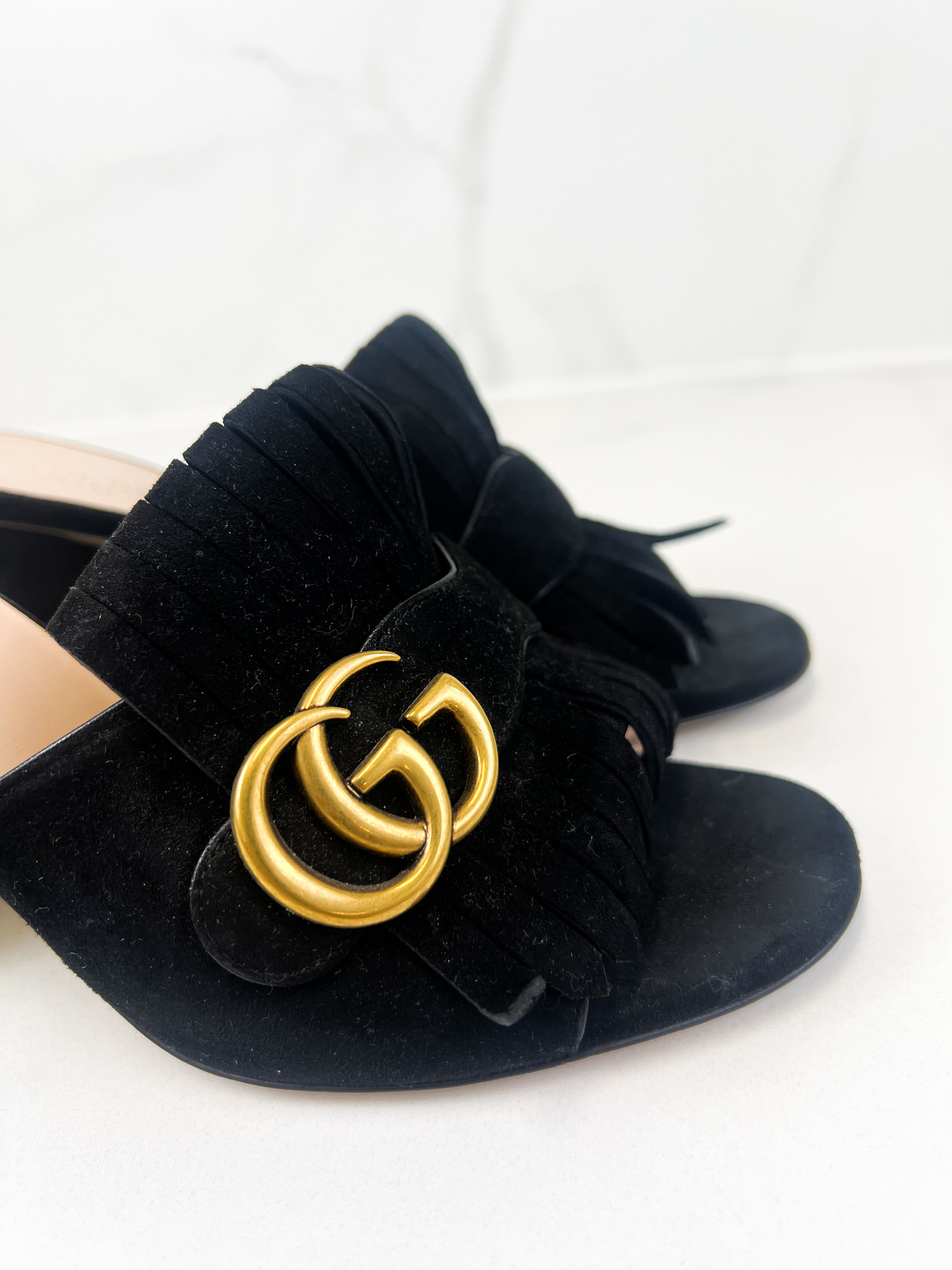 Gucci GG Marmont Black Fringed Mules Size 37