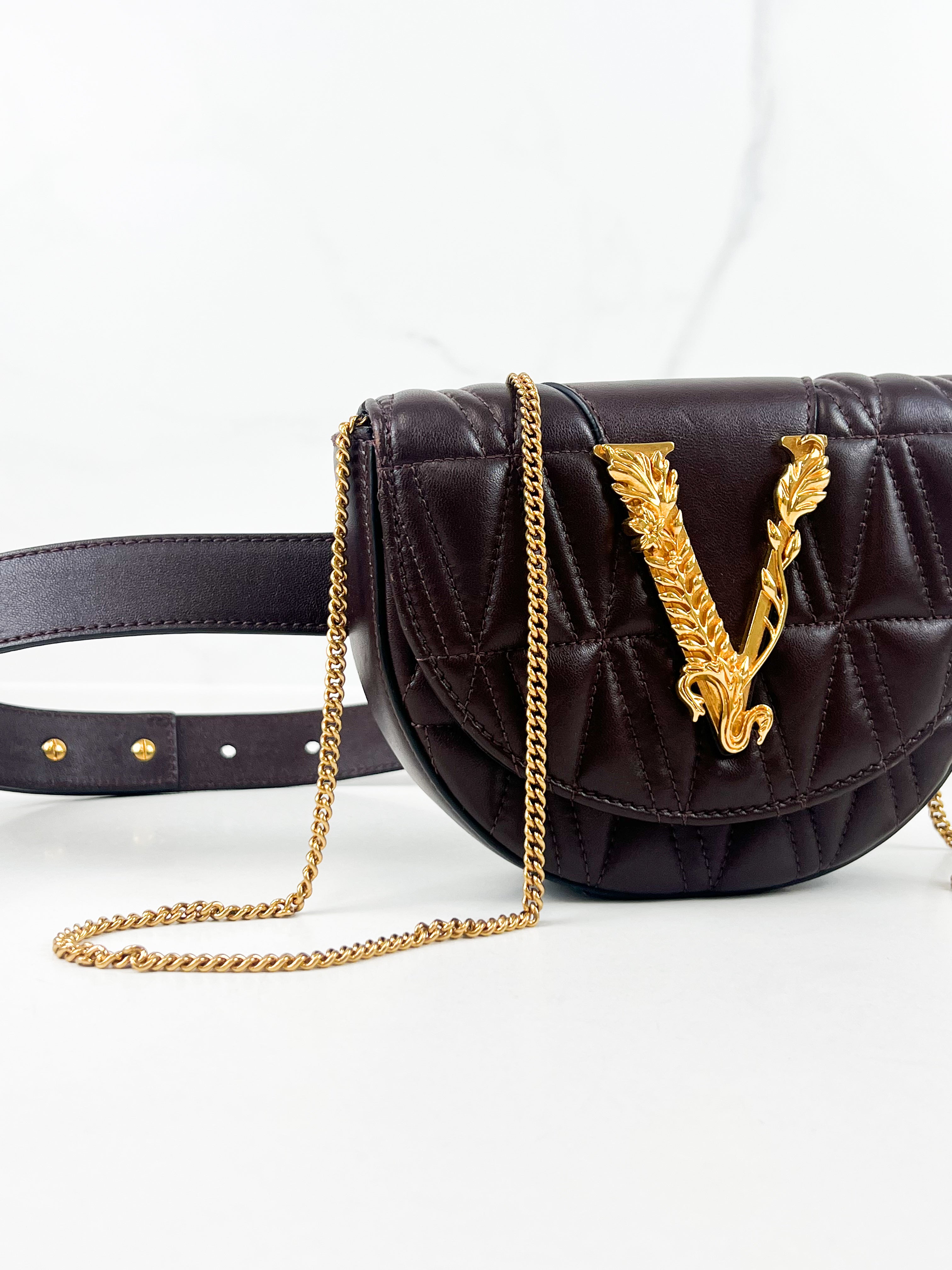 Versace V Logo Chocolate Leather Belt/Chain Bag