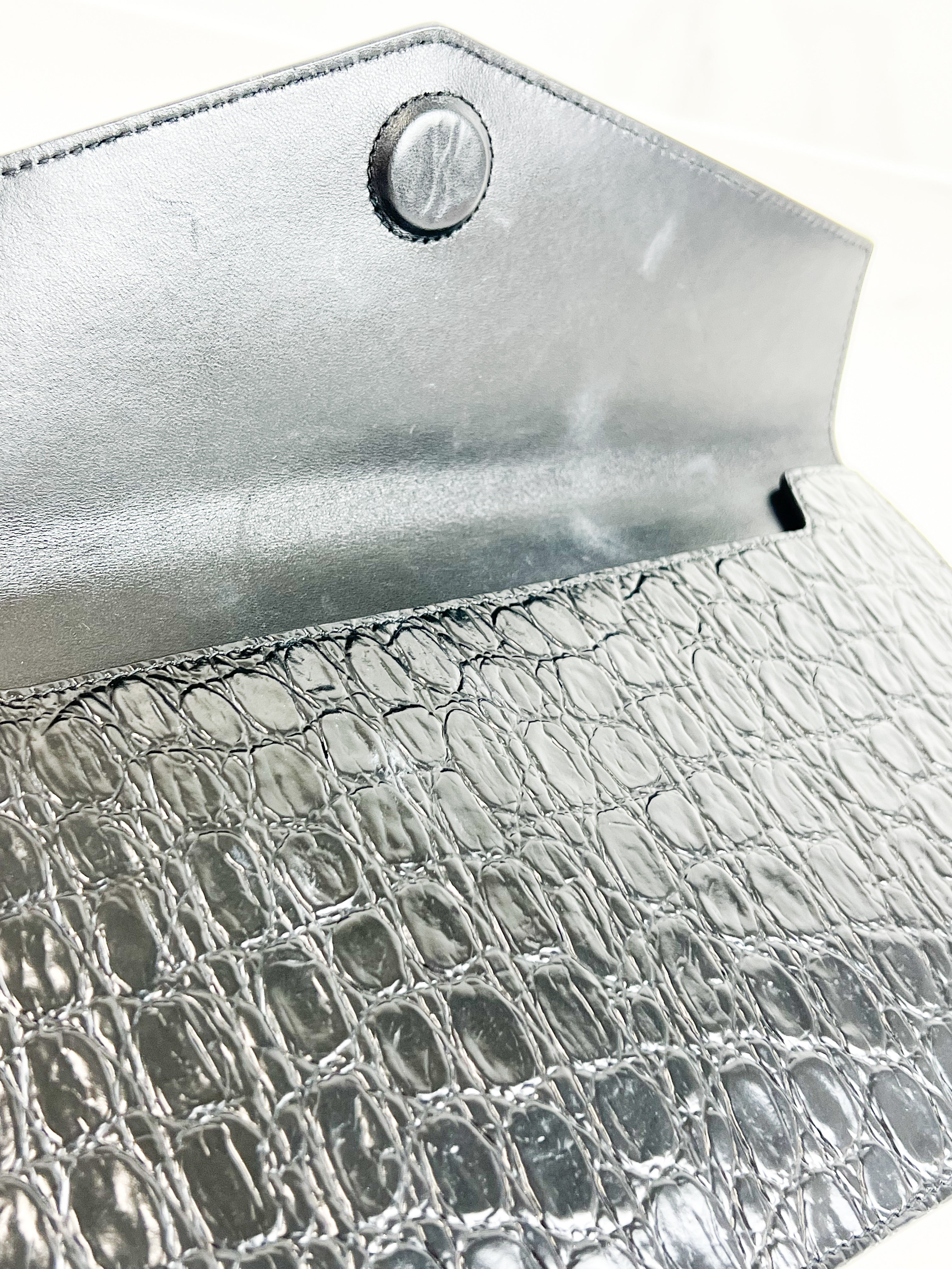 Saint Laurent Black Croc Uptown Envelope Clutch