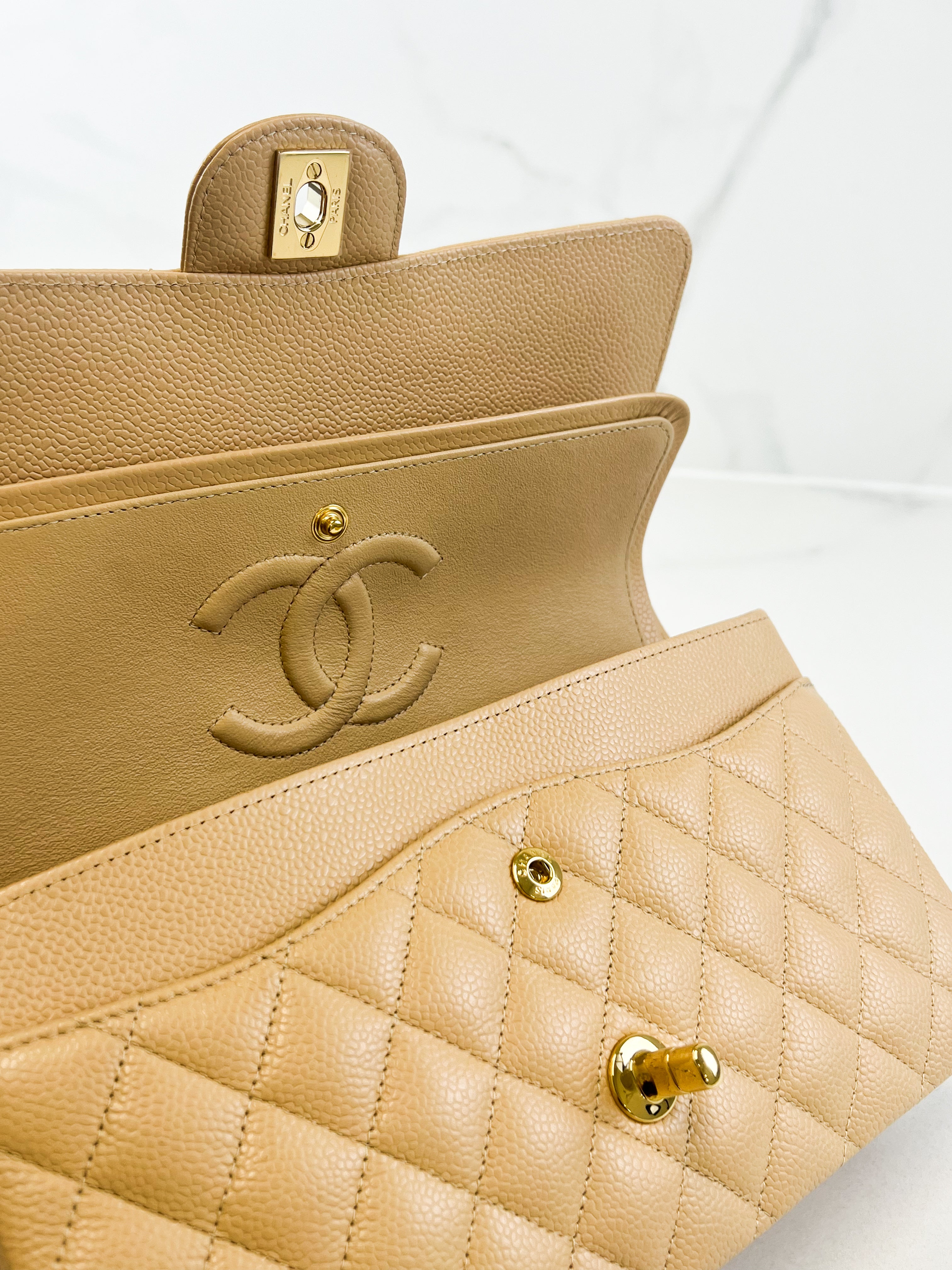 Chanel CC Medium Caviar Beige Classic Double Flap Shoulder Bag