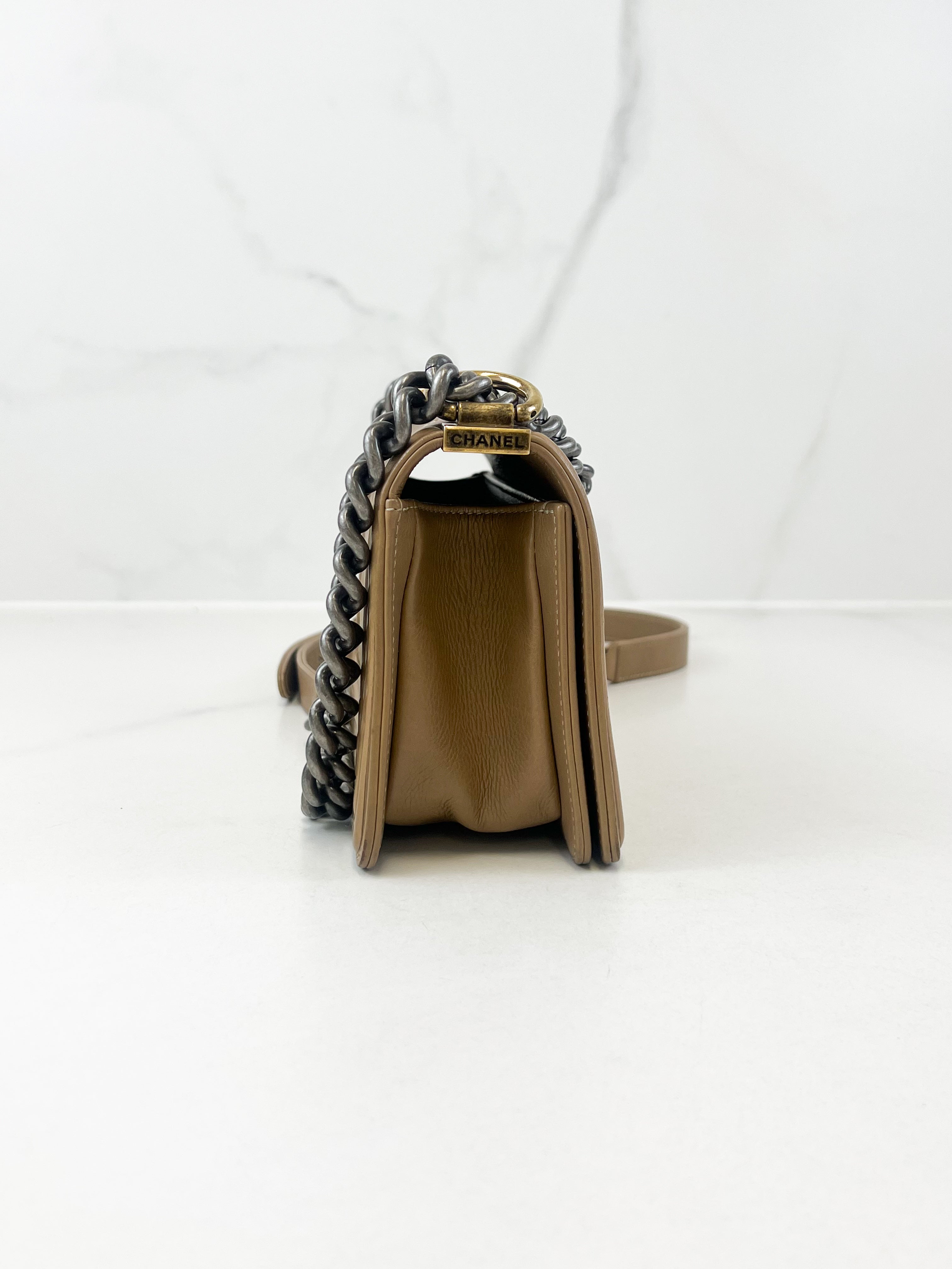 Chanel Small Beige Boy Bag Calfskin Ruthenium & Gold HW