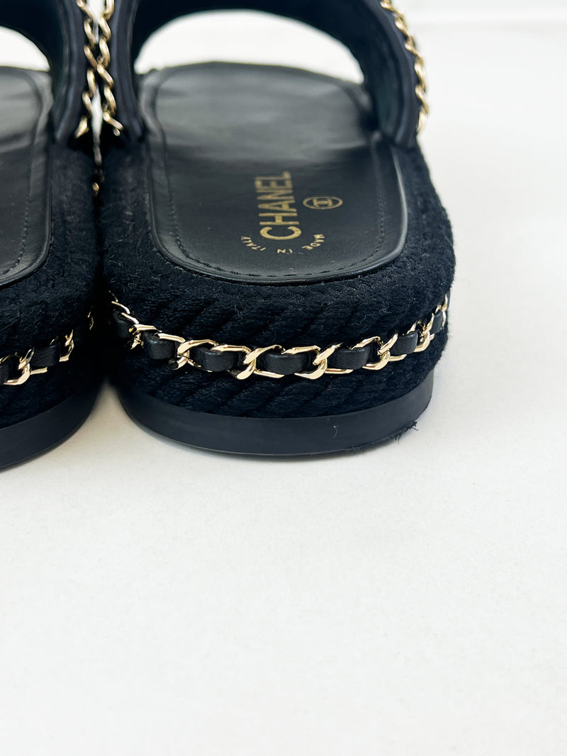 Chanel Black/Gold Woven Slides Size 38