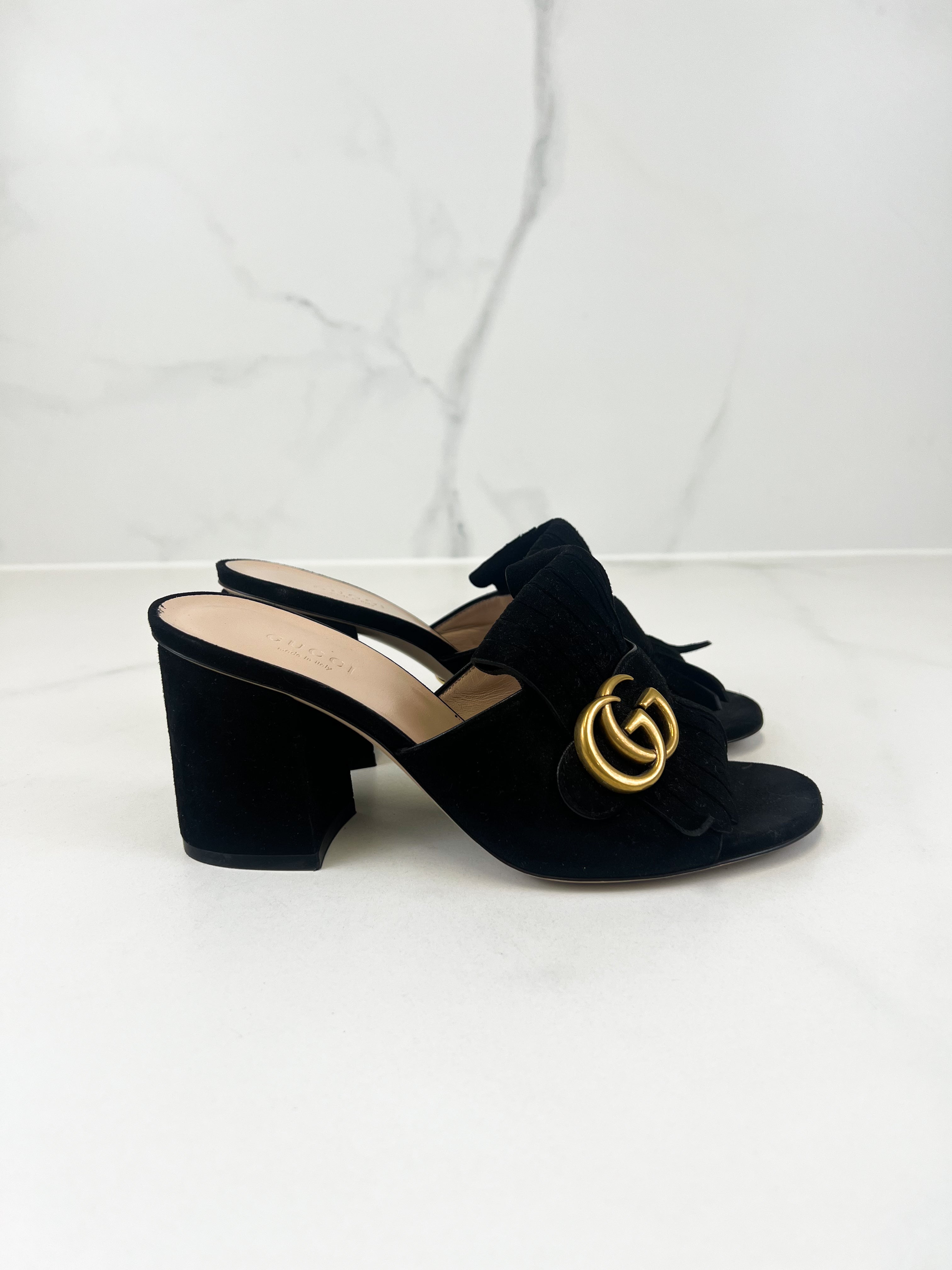 Gucci GG Marmont Black Fringed Mules Size 37