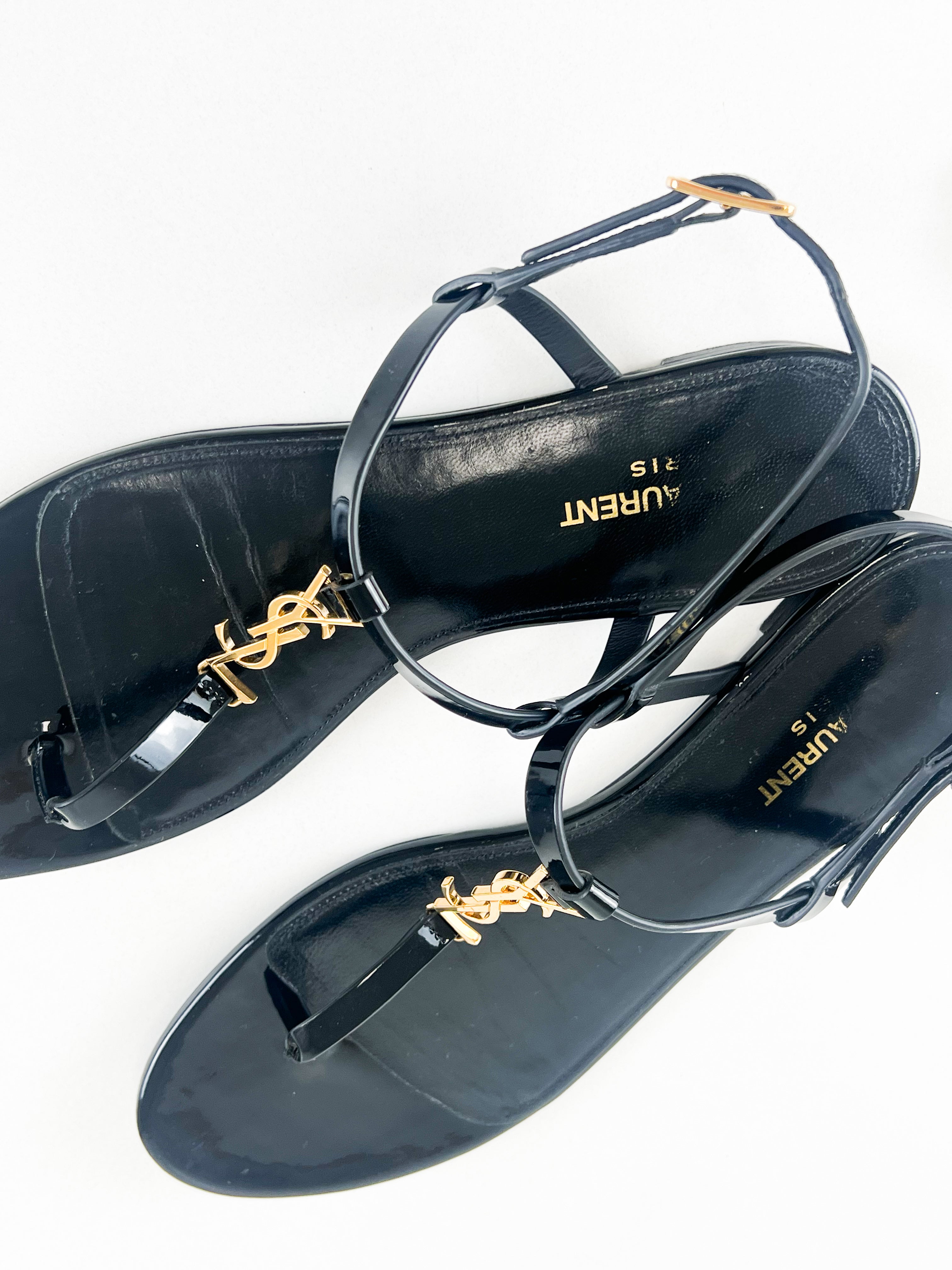 Saint Laurent Cassandra Flat Sandal in Black Patent Leather 38.5
