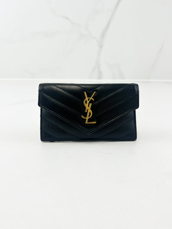 Saint Laurent Cassandre Matelasse Bi-fold Wallet in Black Embossed Leather