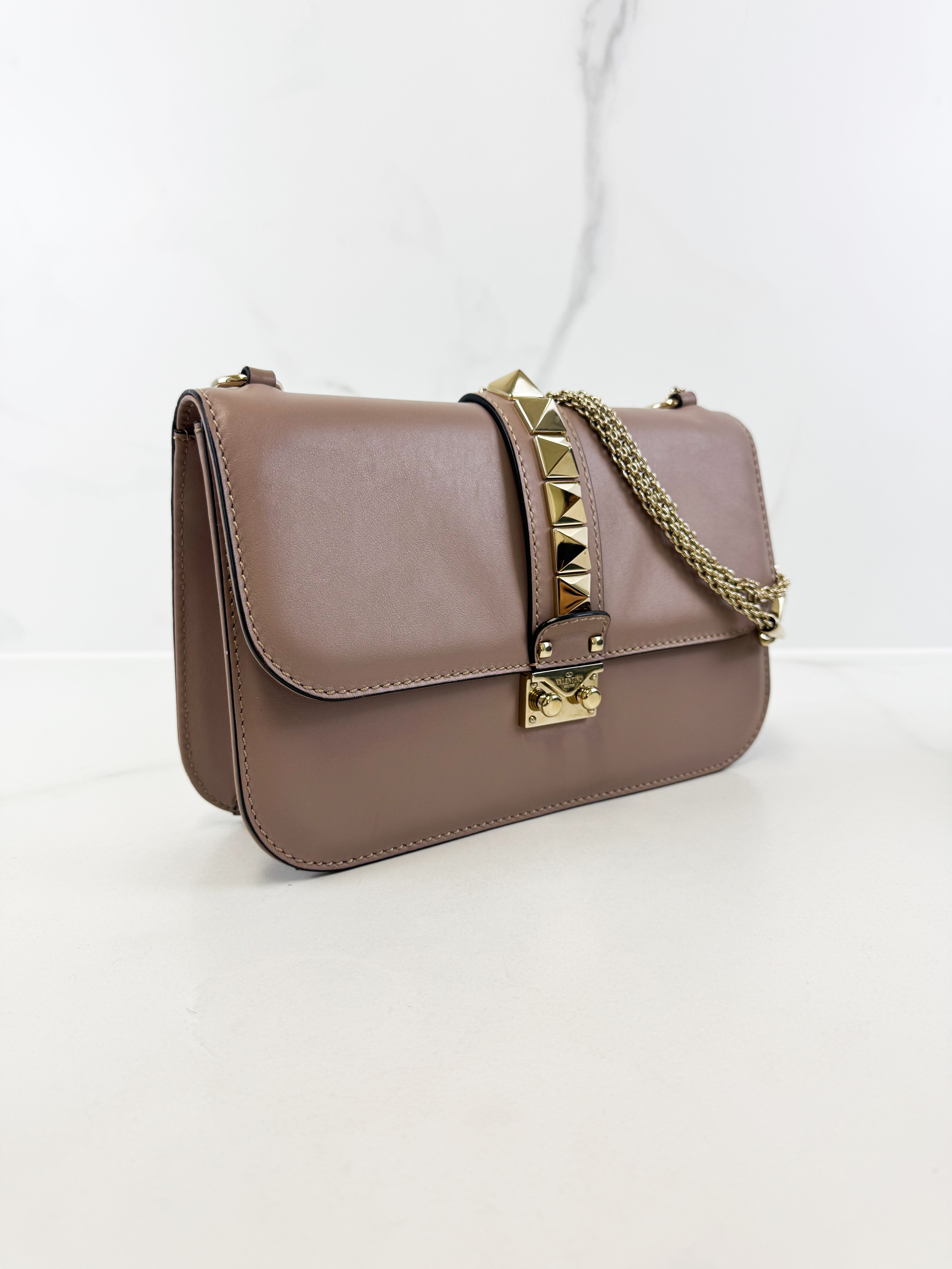 Valentino Garavani Pink Vitello Medium Glam Lock Rockstud Flap Bag