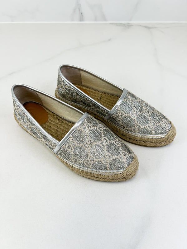 Gucci GG Espadrilles in Silver Canvas Size 38