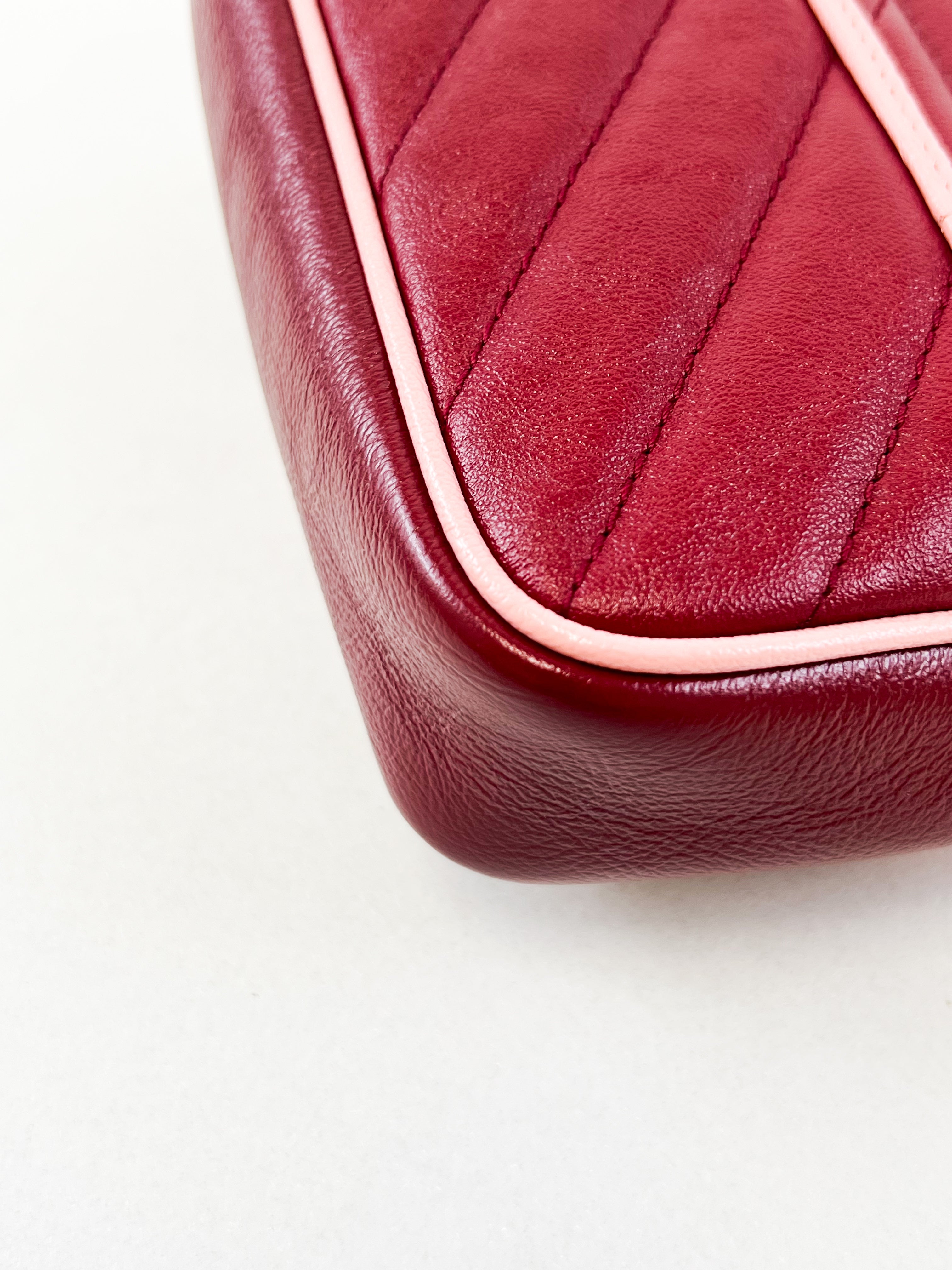 Gucci Super Mini Marmont in Red/Burgundy Matelassé Leather with Light Pink Piping