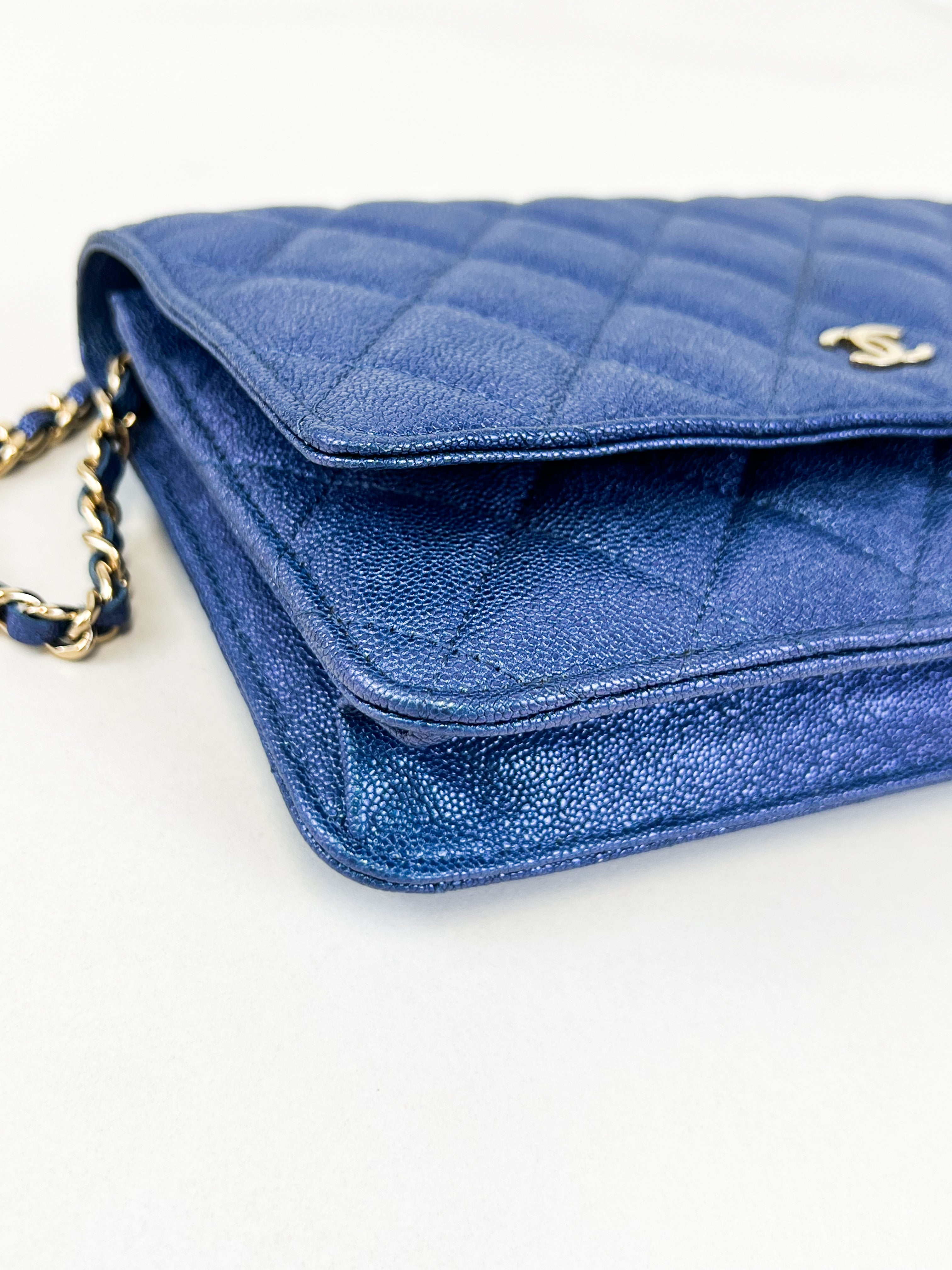 Chanel Metallic Blue Caviar Wallet on Chain with GHW
