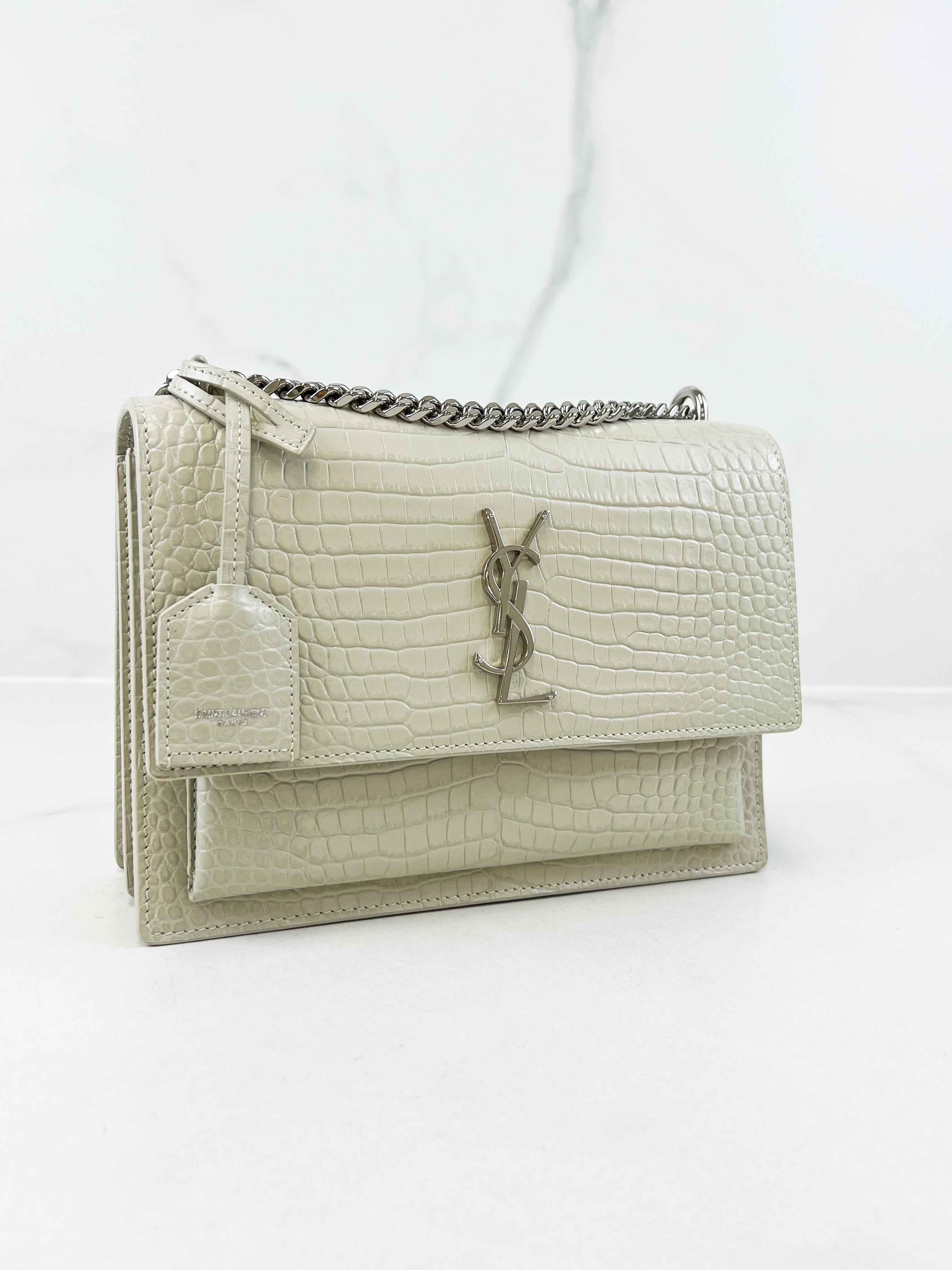 Saint Laurent Sunset Medium In Croc-embossed leather Blanc Vintage
