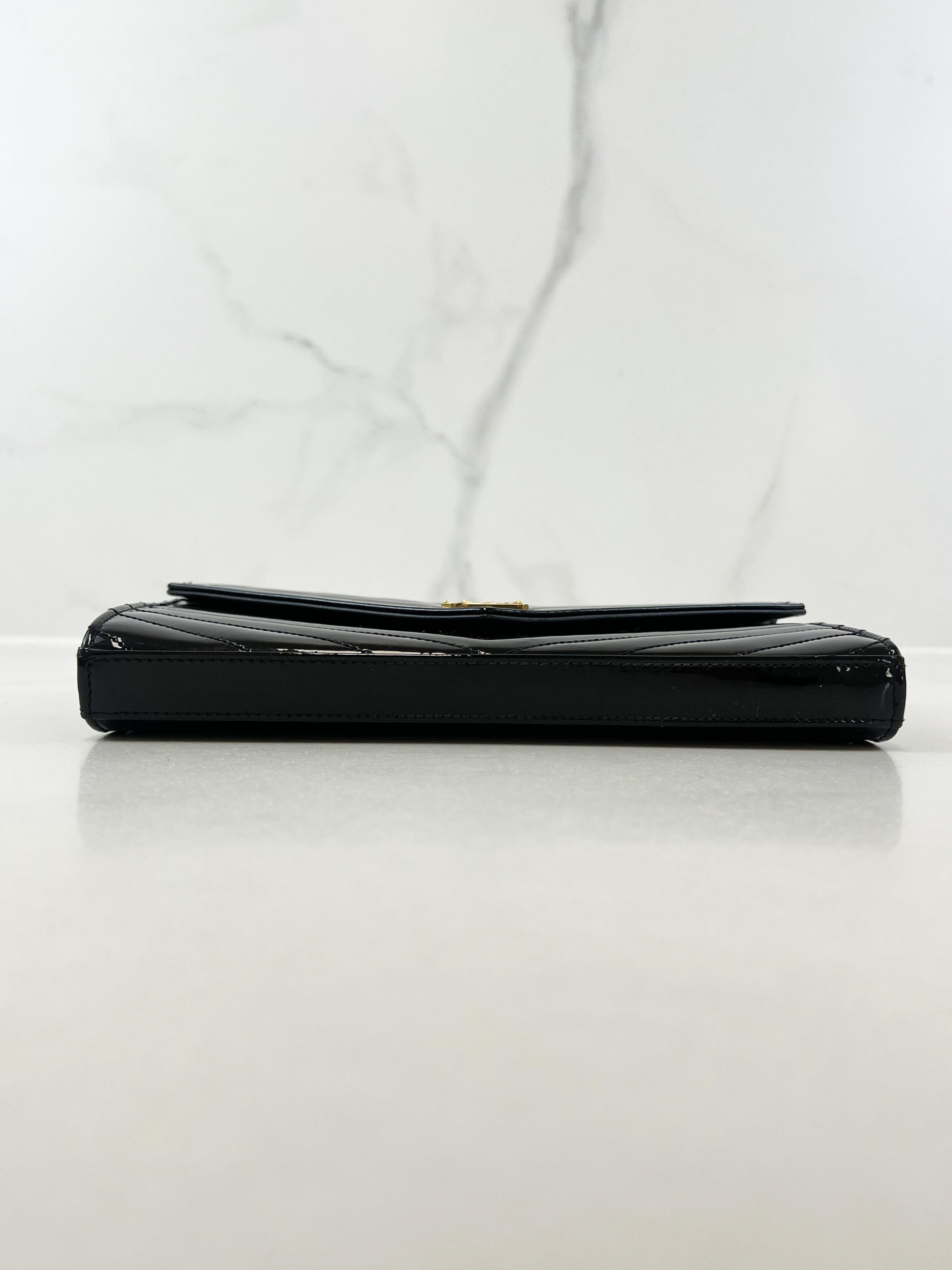 Saint Laurent Patent Black Cassandre Chain WOC with GHW