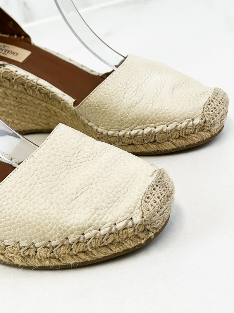 Valentino Garavani Rockstud Leather Wedge Espadrilles Size 38