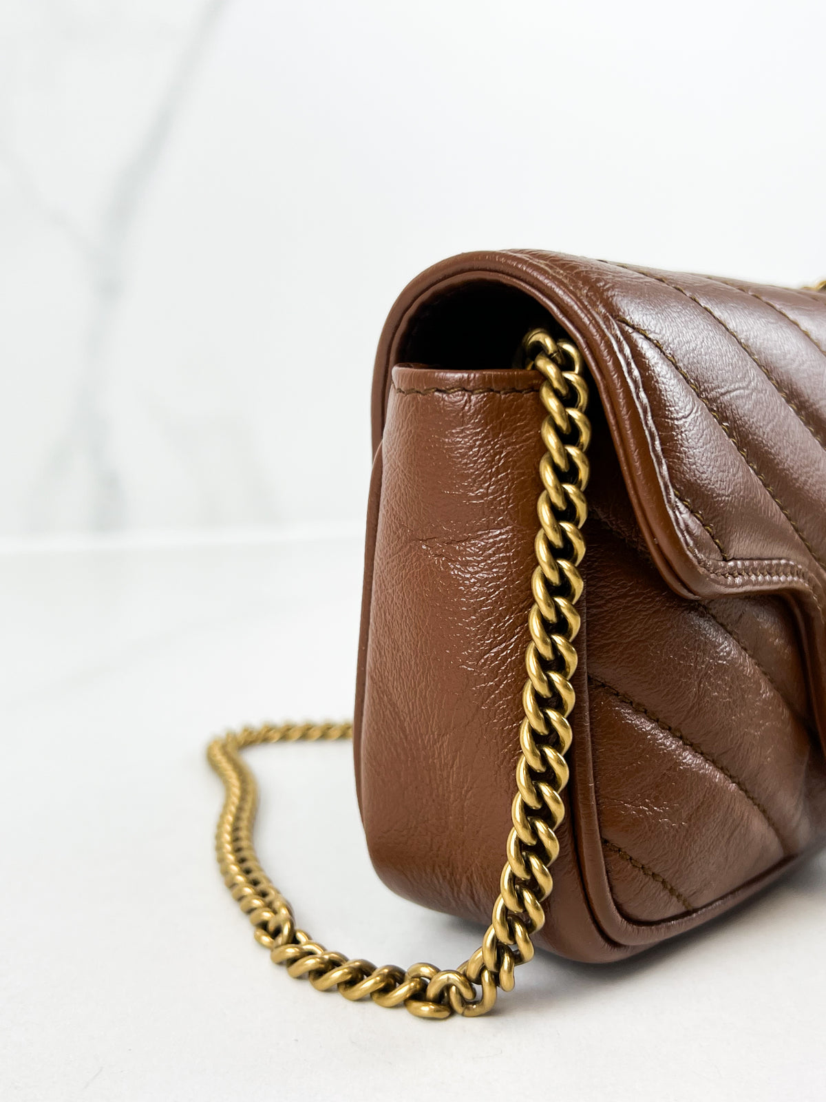 Gucci Brown Leather GG Marmont Matelasse Super Mini Bag
