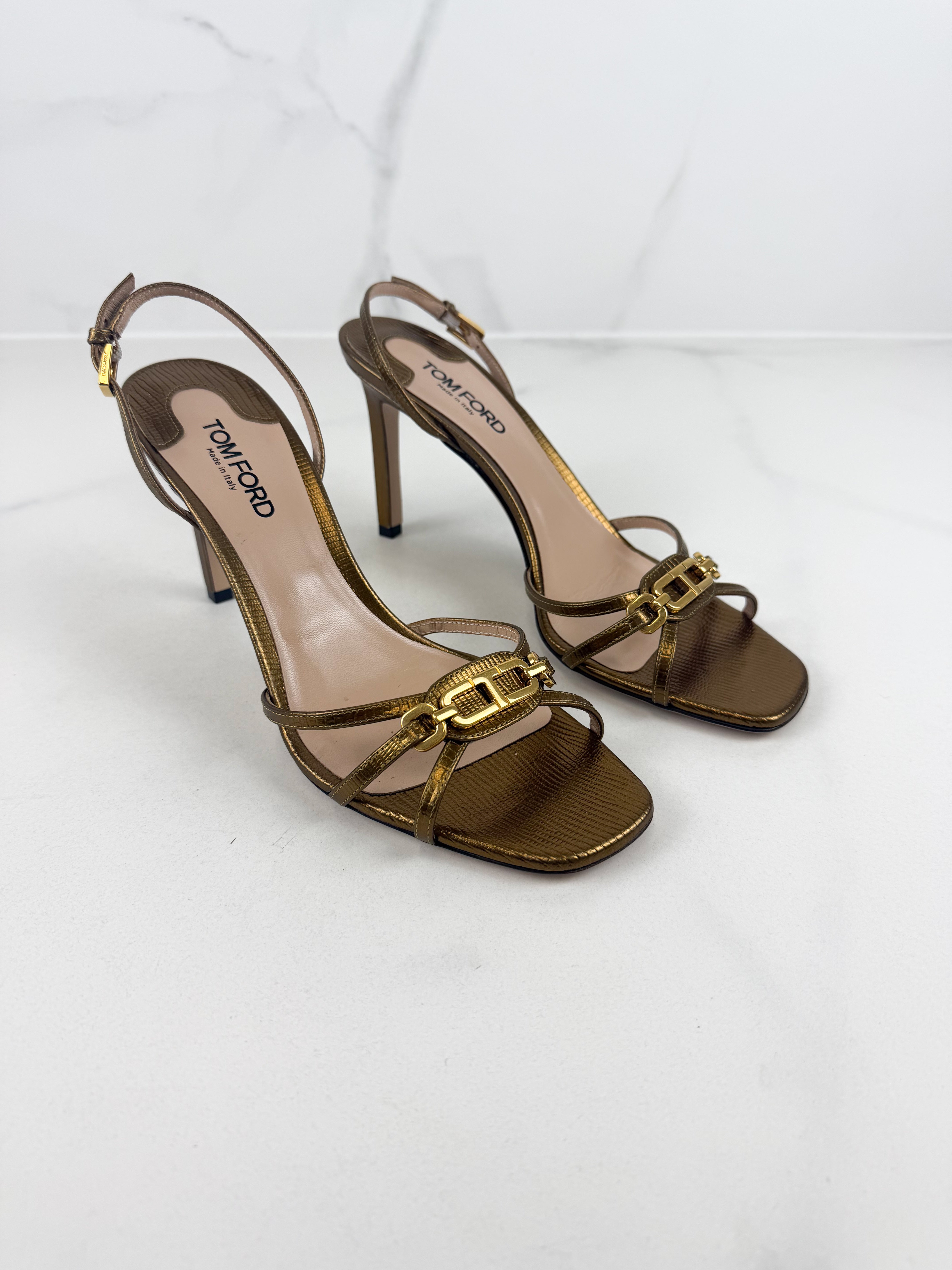 Tom Ford Bronze Printed Lizard Whitney Heel Size 40